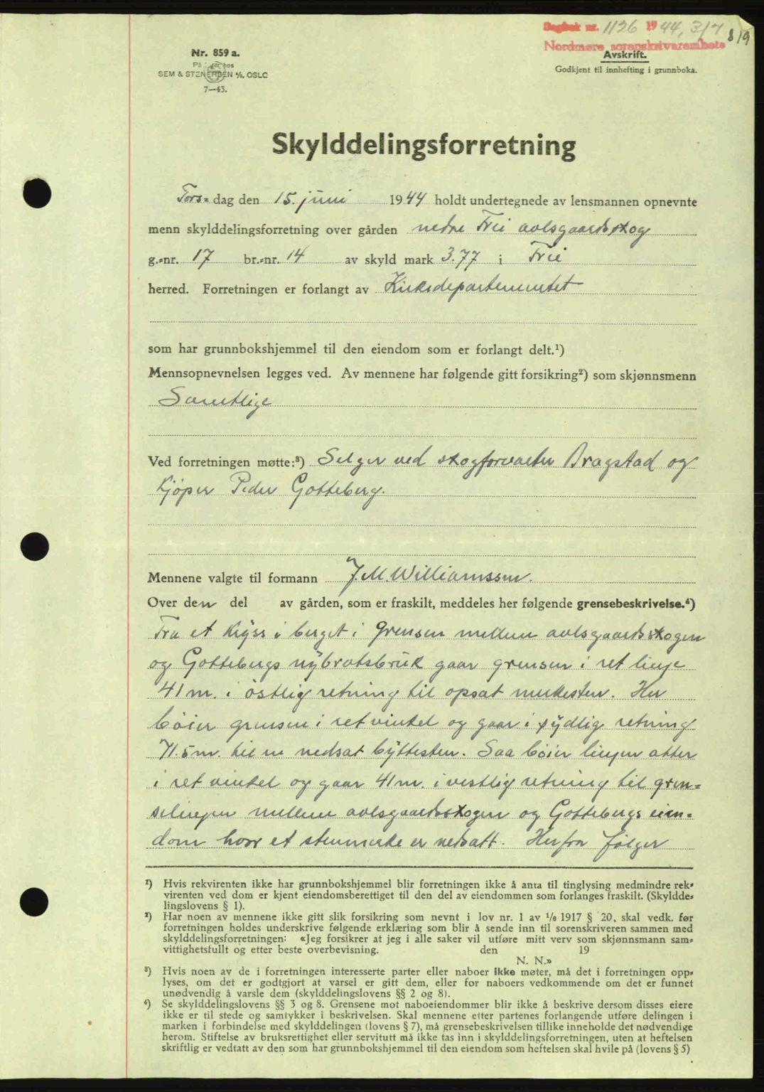 Nordmøre sorenskriveri, AV/SAT-A-4132/1/2/2Ca: Mortgage book no. A97, 1944-1944, Diary no: : 1126/1944