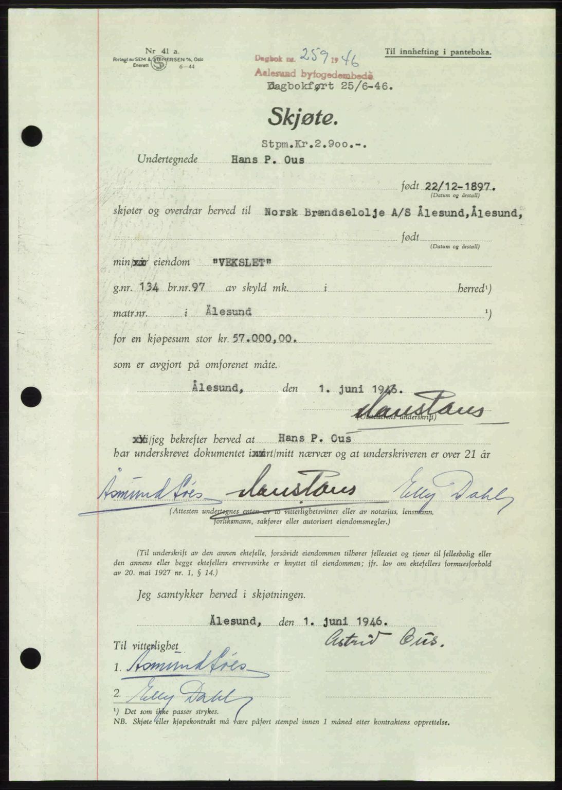 Ålesund byfogd, AV/SAT-A-4384: Mortgage book no. 36b, 1946-1947, Diary no: : 259/1946