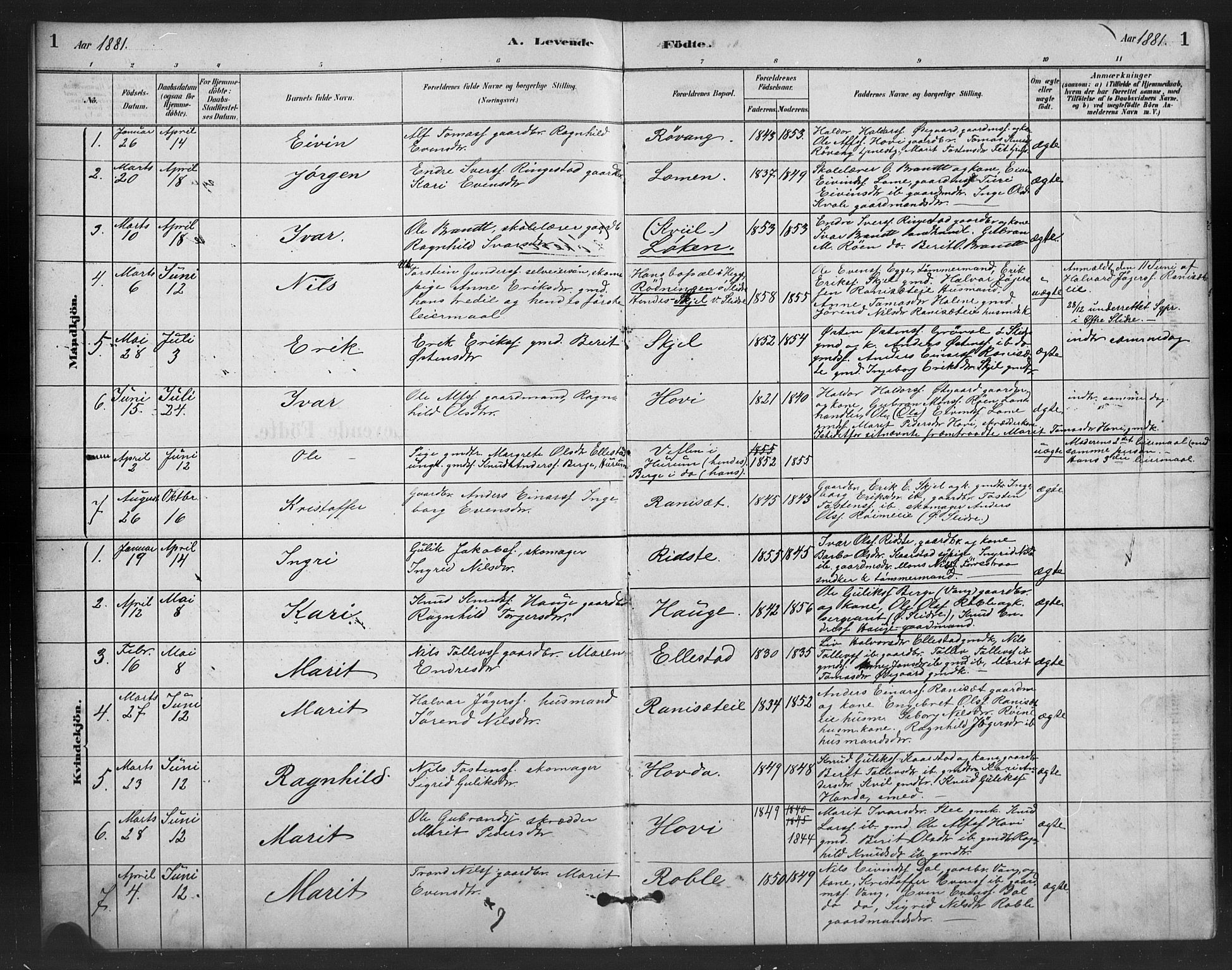 Vestre Slidre prestekontor, SAH/PREST-136/H/Ha/Hab/L0006: Parish register (copy) no. 6, 1881-1915, p. 1