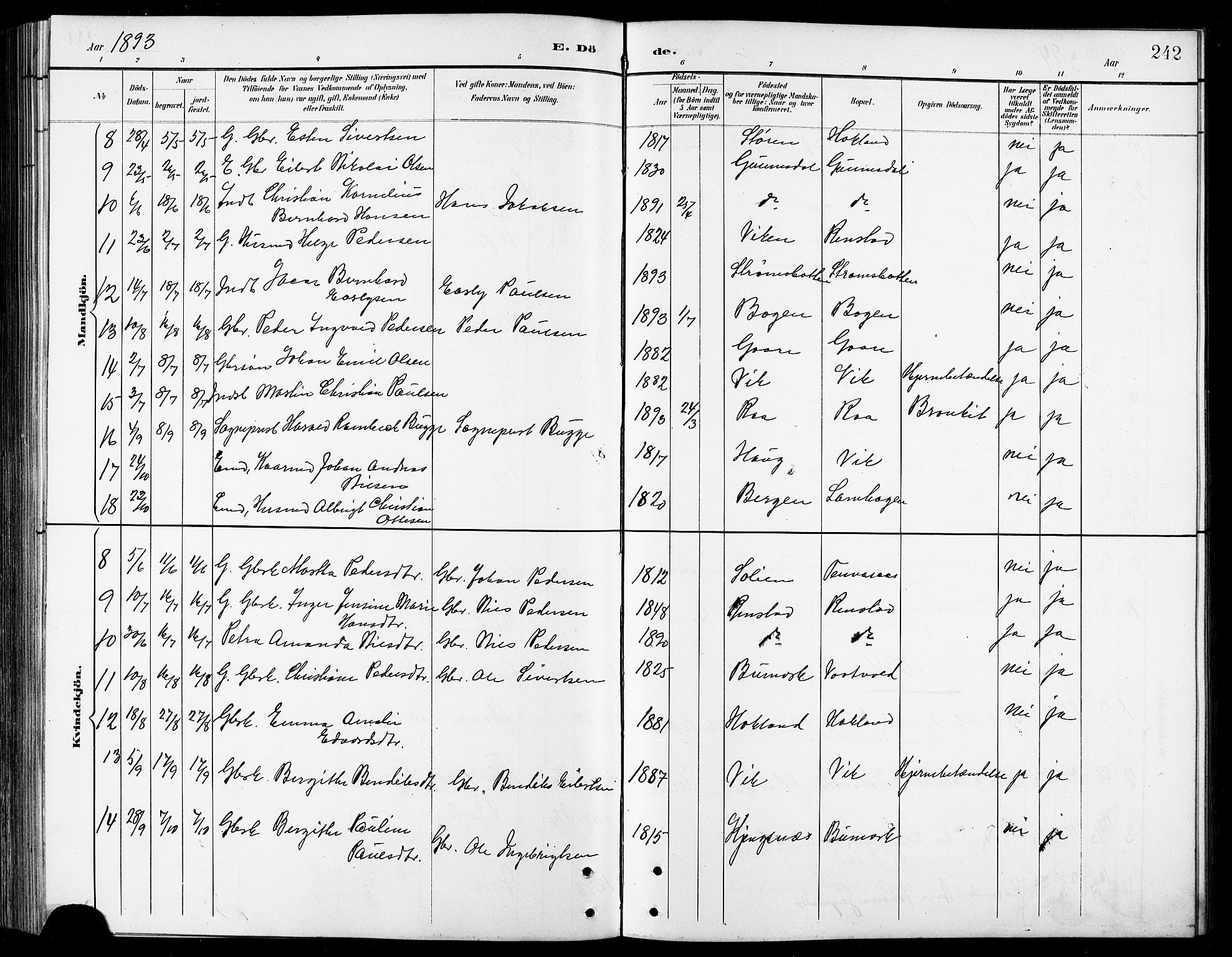 Kvæfjord sokneprestkontor, SATØ/S-1323/G/Ga/Gab/L0005klokker: Parish register (copy) no. 5, 1886-1911, p. 242