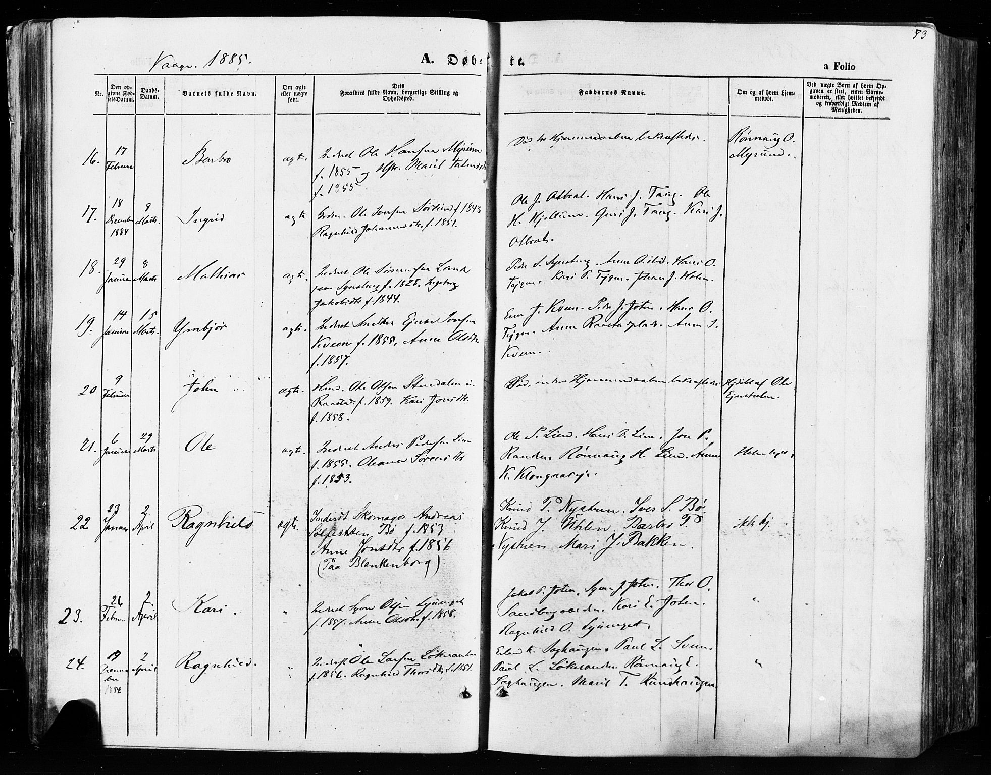 Vågå prestekontor, SAH/PREST-076/H/Ha/Haa/L0007: Parish register (official) no. 7 /1, 1872-1886, p. 73
