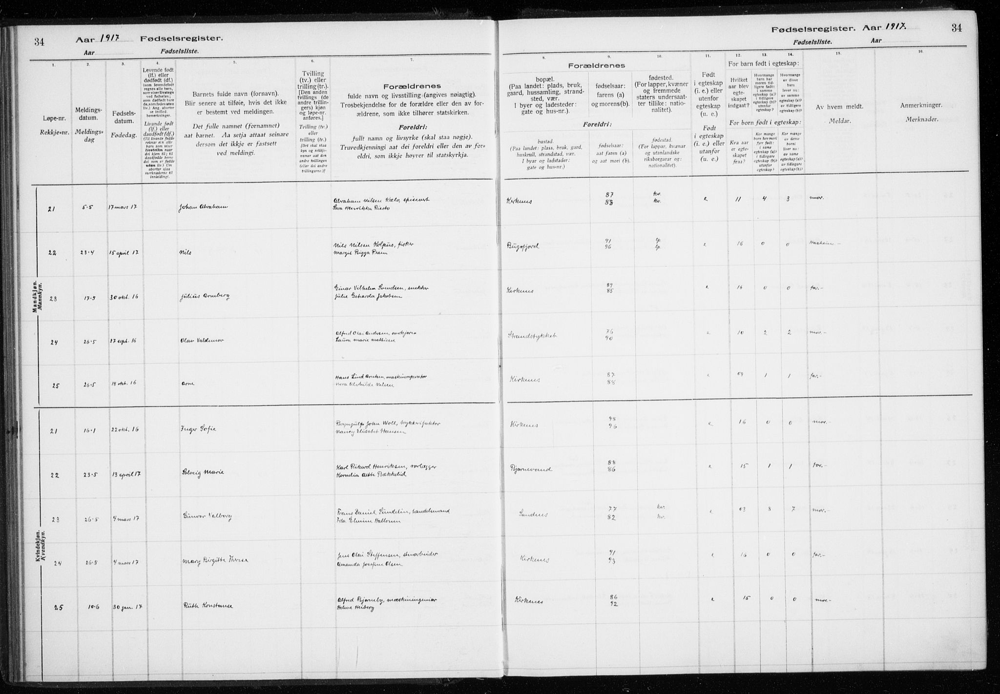 Sør-Varanger sokneprestkontor, AV/SATØ-S-1331/I/Ia/L0016: Birth register no. 16, 1915-1925, p. 34