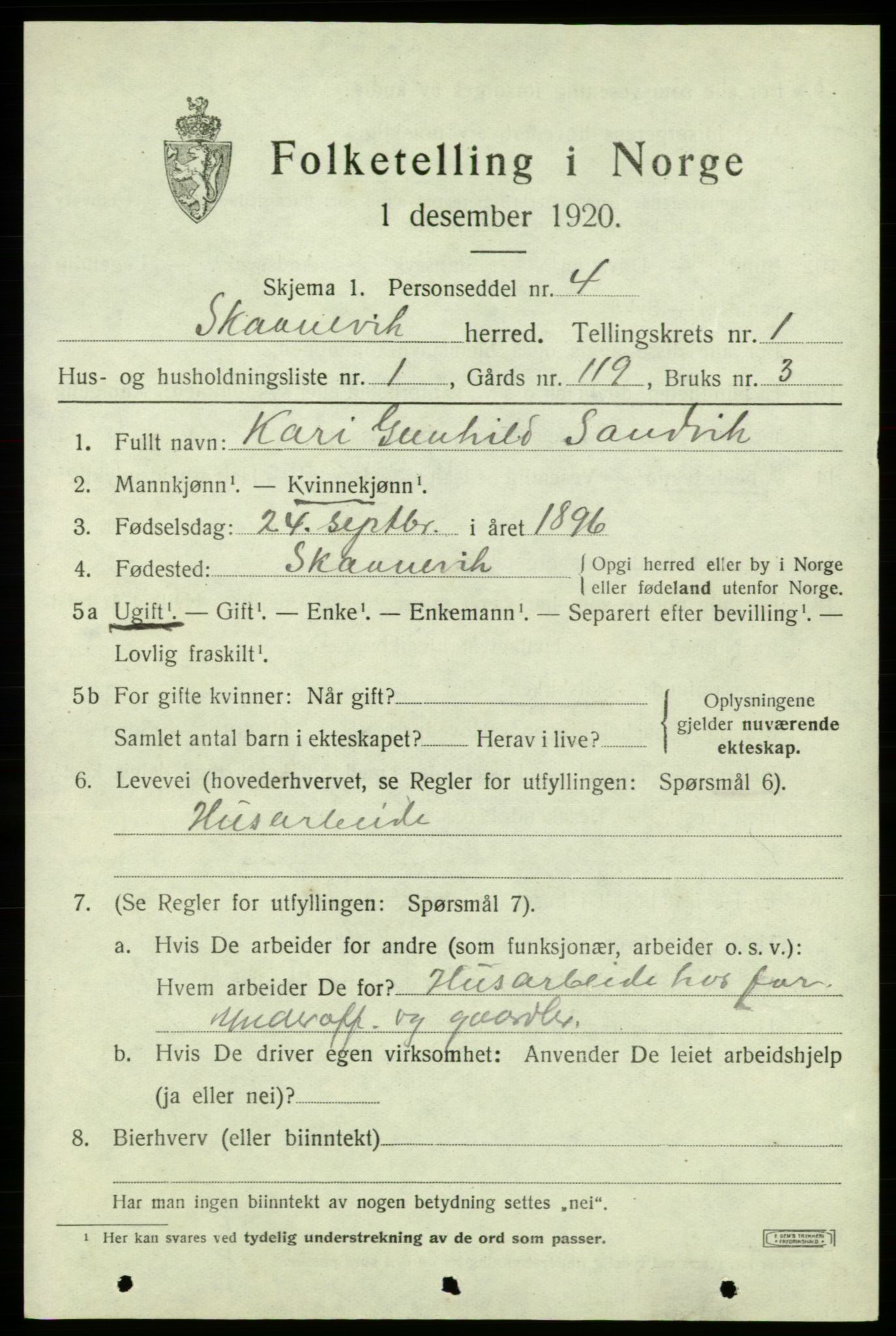 SAB, 1920 census for Skånevik, 1920, p. 2287