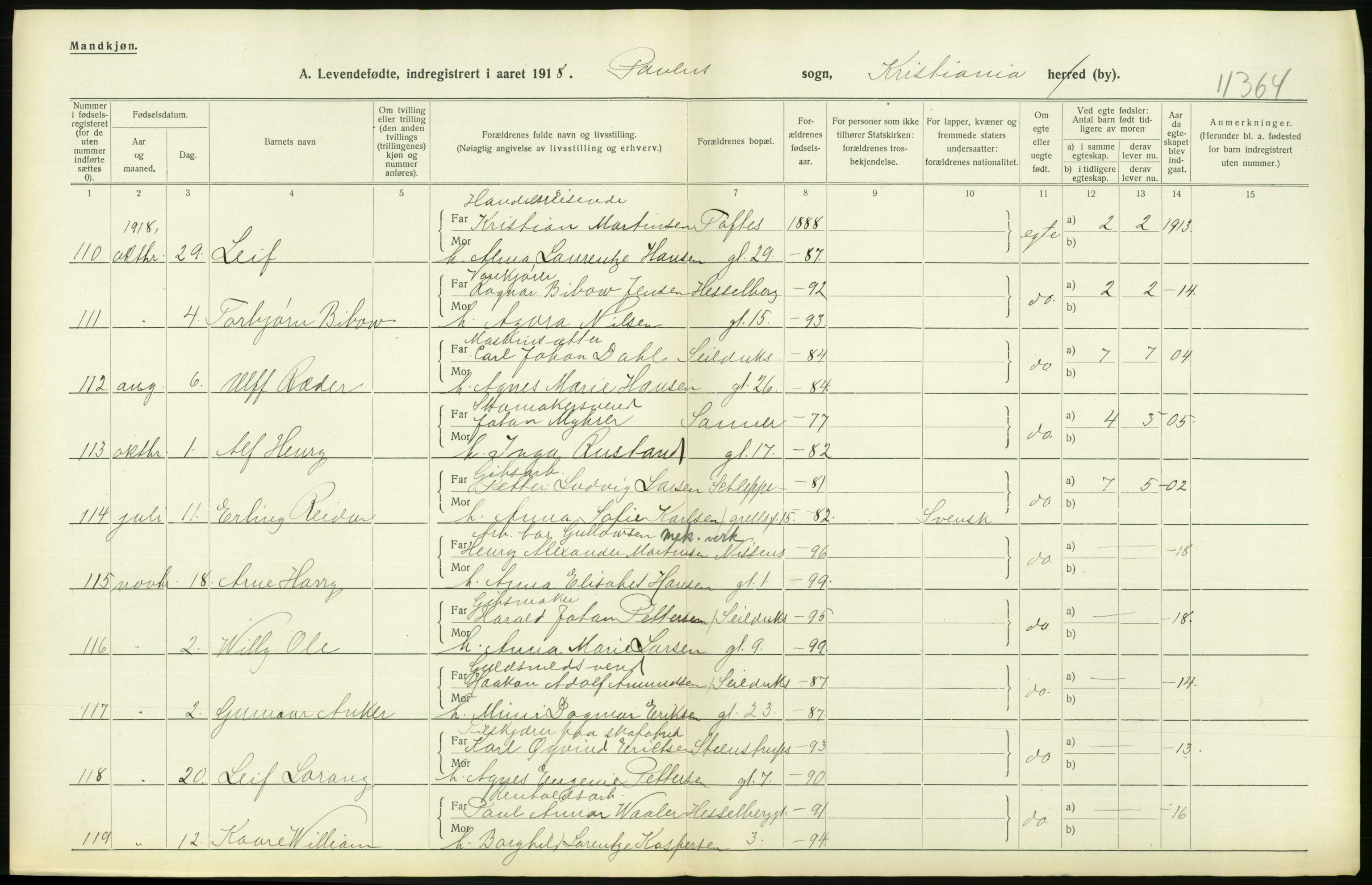 Statistisk sentralbyrå, Sosiodemografiske emner, Befolkning, AV/RA-S-2228/D/Df/Dfb/Dfbh/L0008: Kristiania: Levendefødte menn og kvinner., 1918, p. 652