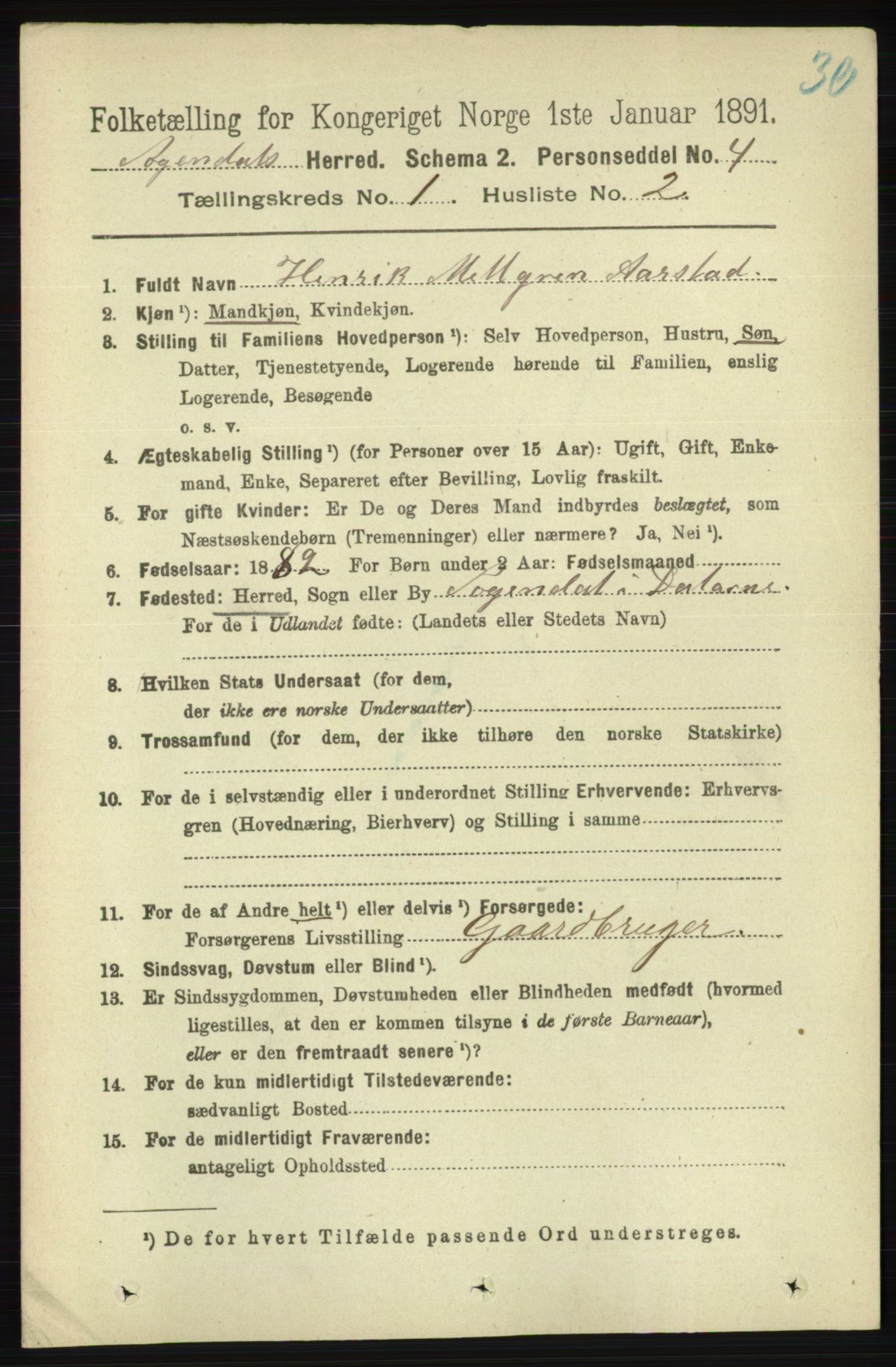 RA, 1891 census for 1111 Sokndal, 1891, p. 97