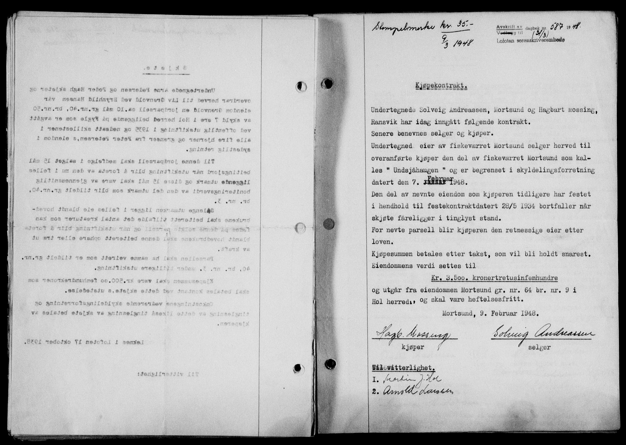 Lofoten sorenskriveri, SAT/A-0017/1/2/2C/L0018a: Mortgage book no. 18a, 1948-1948, Diary no: : 587/1948