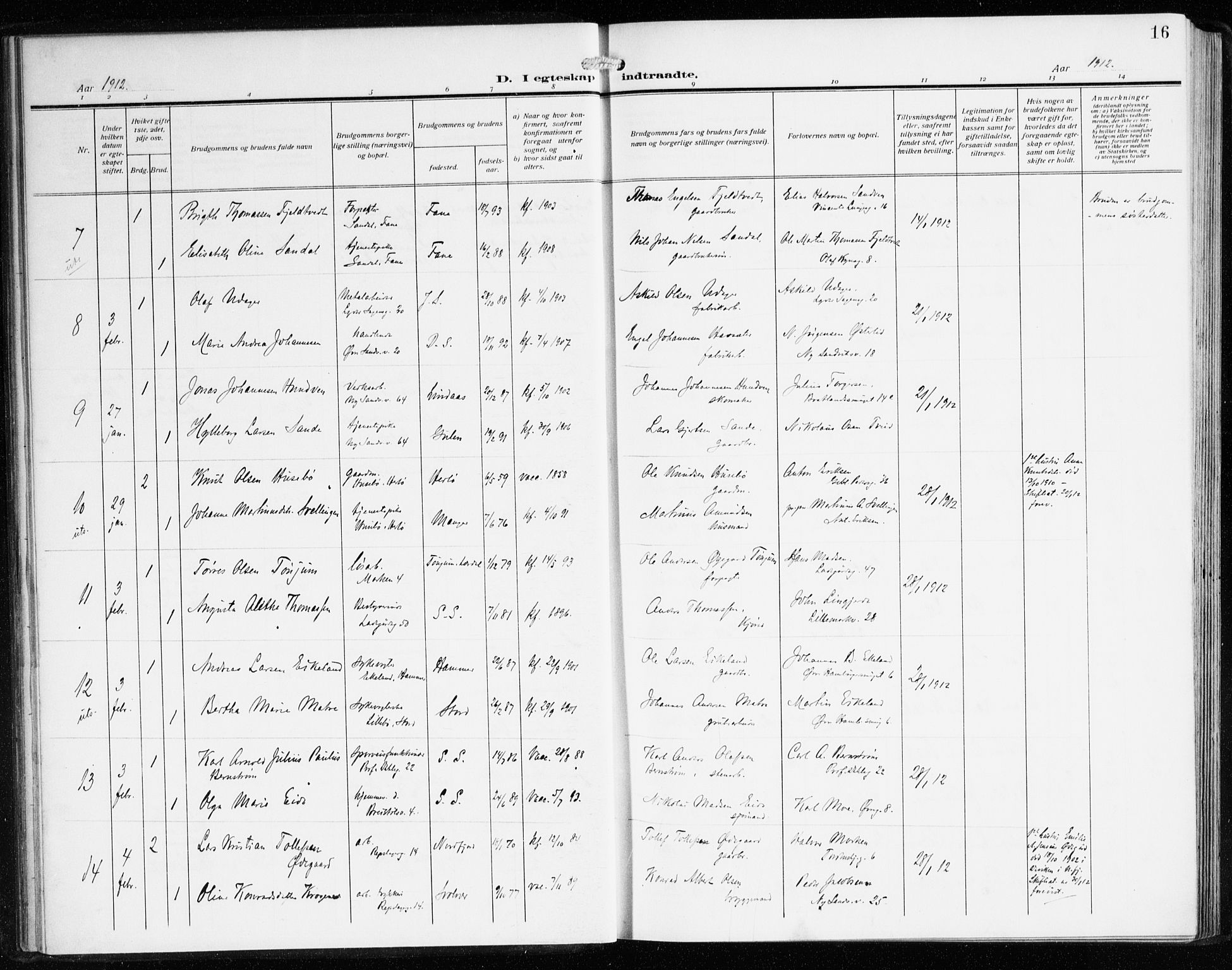 Sandviken Sokneprestembete, AV/SAB-A-77601/H/Ha/L0015: Parish register (official) no. D 2, 1911-1923, p. 16