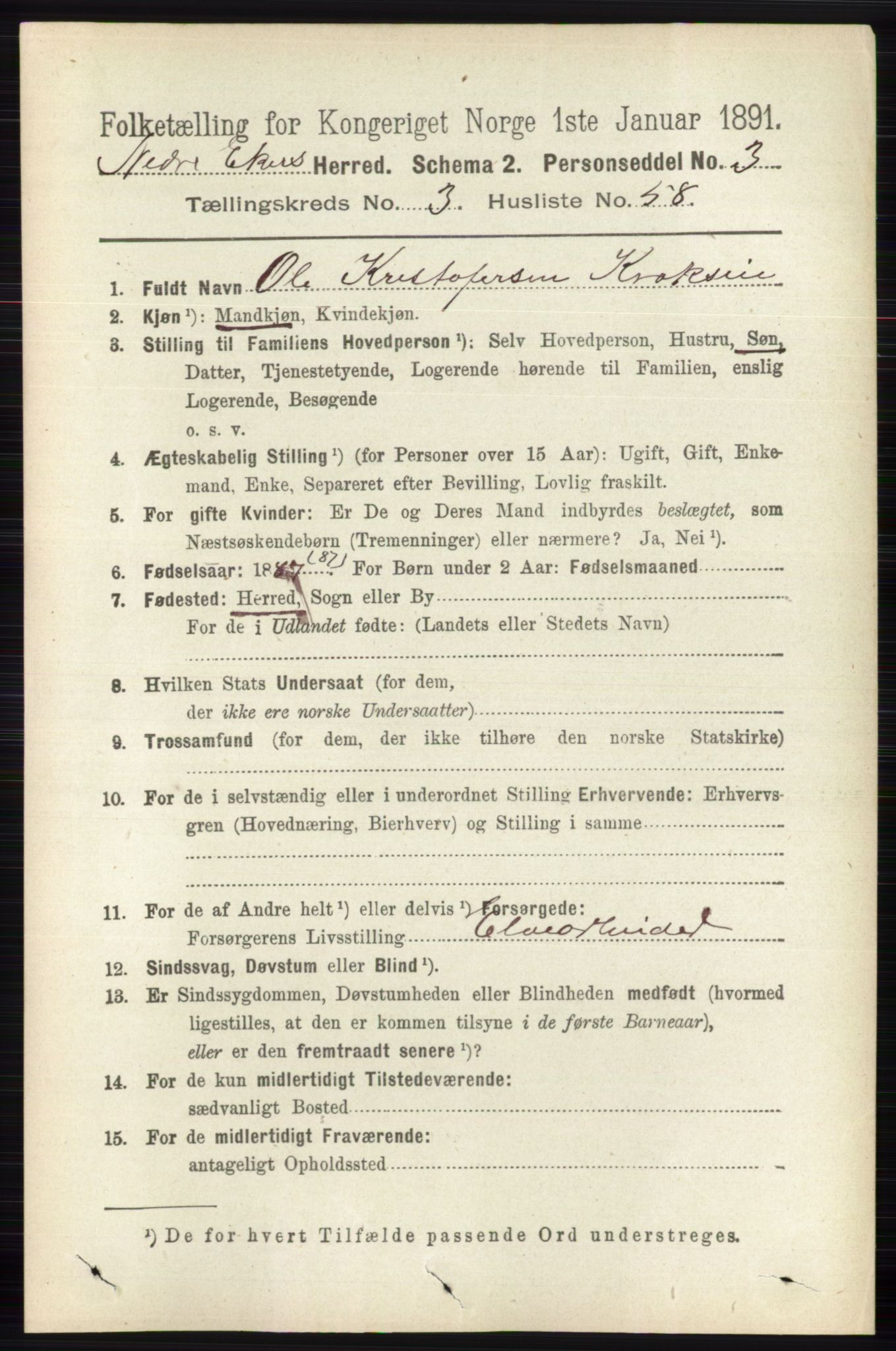 RA, 1891 census for 0625 Nedre Eiker, 1891, p. 1498