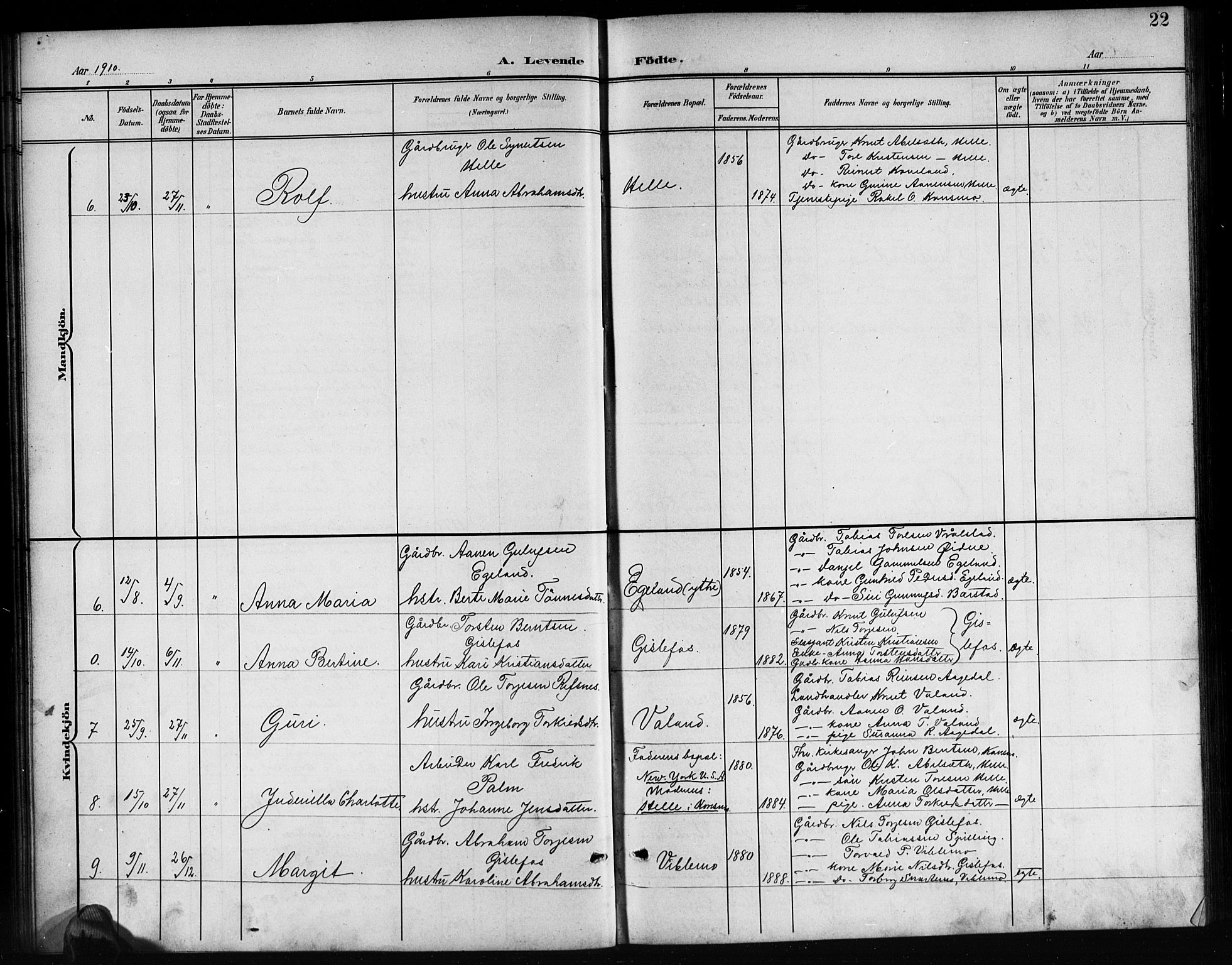 Nord-Audnedal sokneprestkontor, AV/SAK-1111-0032/F/Fb/Fba/L0004: Parish register (copy) no. B 4, 1901-1917, p. 22