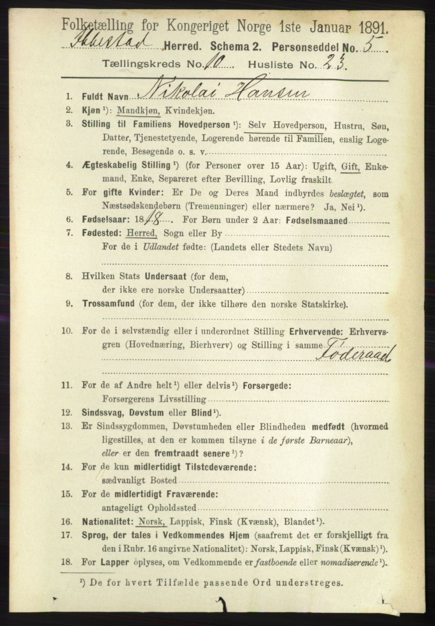 RA, 1891 census for 1917 Ibestad, 1891, p. 7015