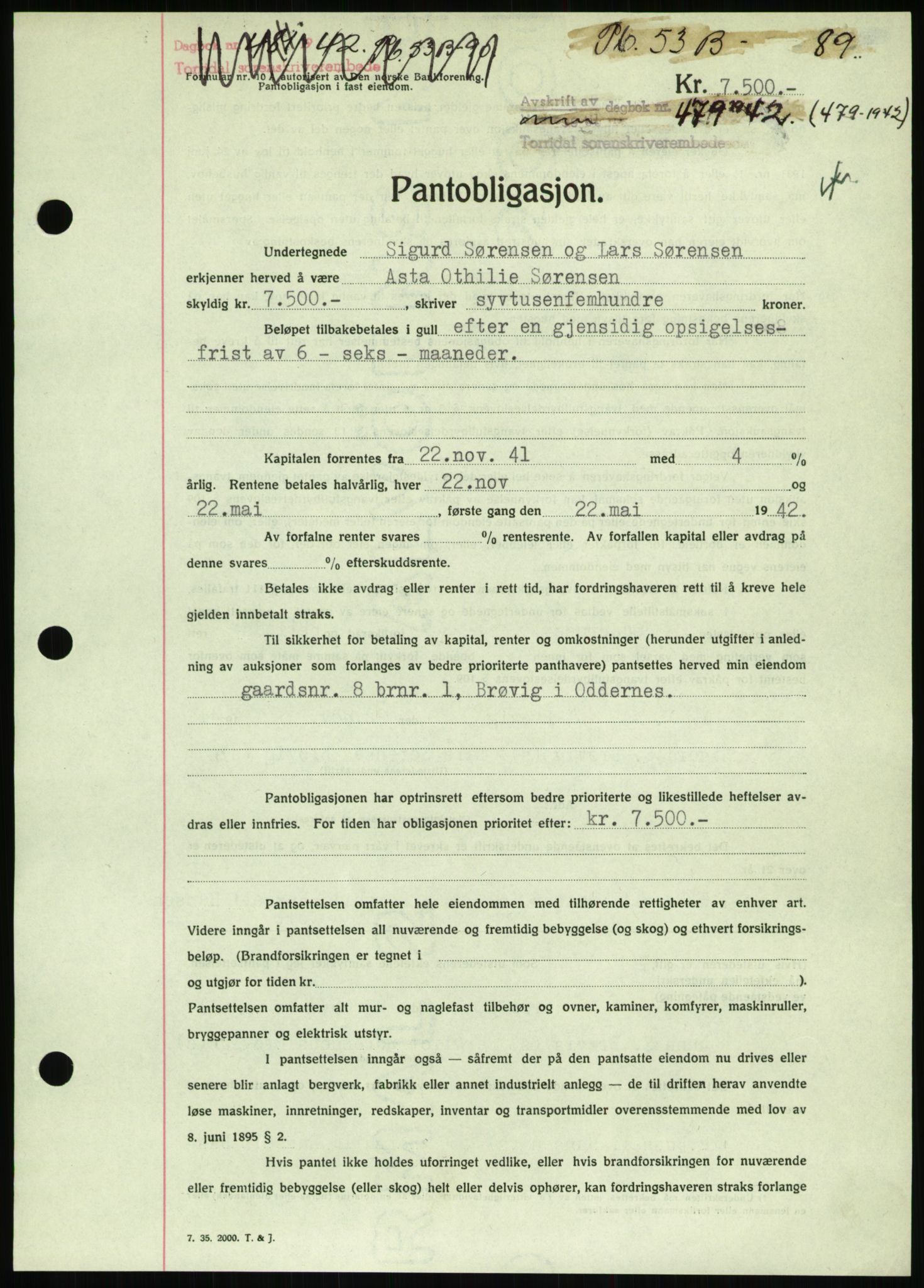 Torridal sorenskriveri, AV/SAK-1221-0012/G/Gb/Gbb/L0009: Mortgage book no. 53b, 1942-1943, Diary no: : 479/1942