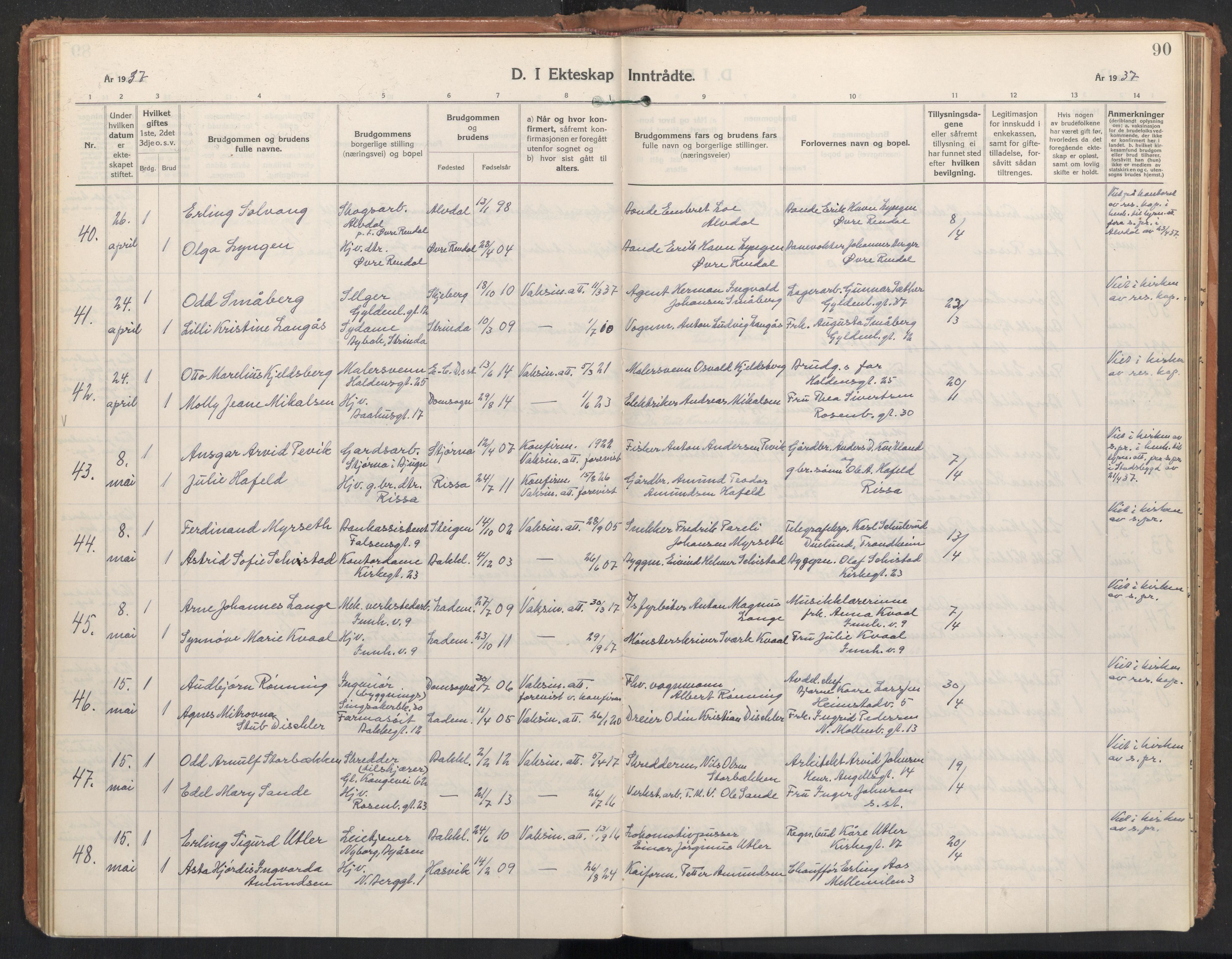 Ministerialprotokoller, klokkerbøker og fødselsregistre - Sør-Trøndelag, AV/SAT-A-1456/604/L0209: Parish register (official) no. 604A29, 1931-1945, p. 90