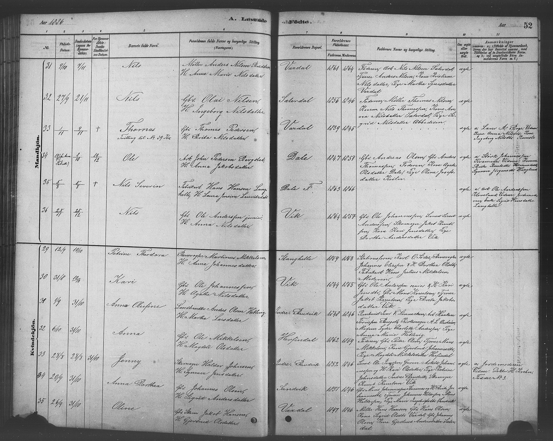 Bruvik Sokneprestembete, SAB/A-74701/H/Hab: Parish register (copy) no. A 1, 1878-1907, p. 52