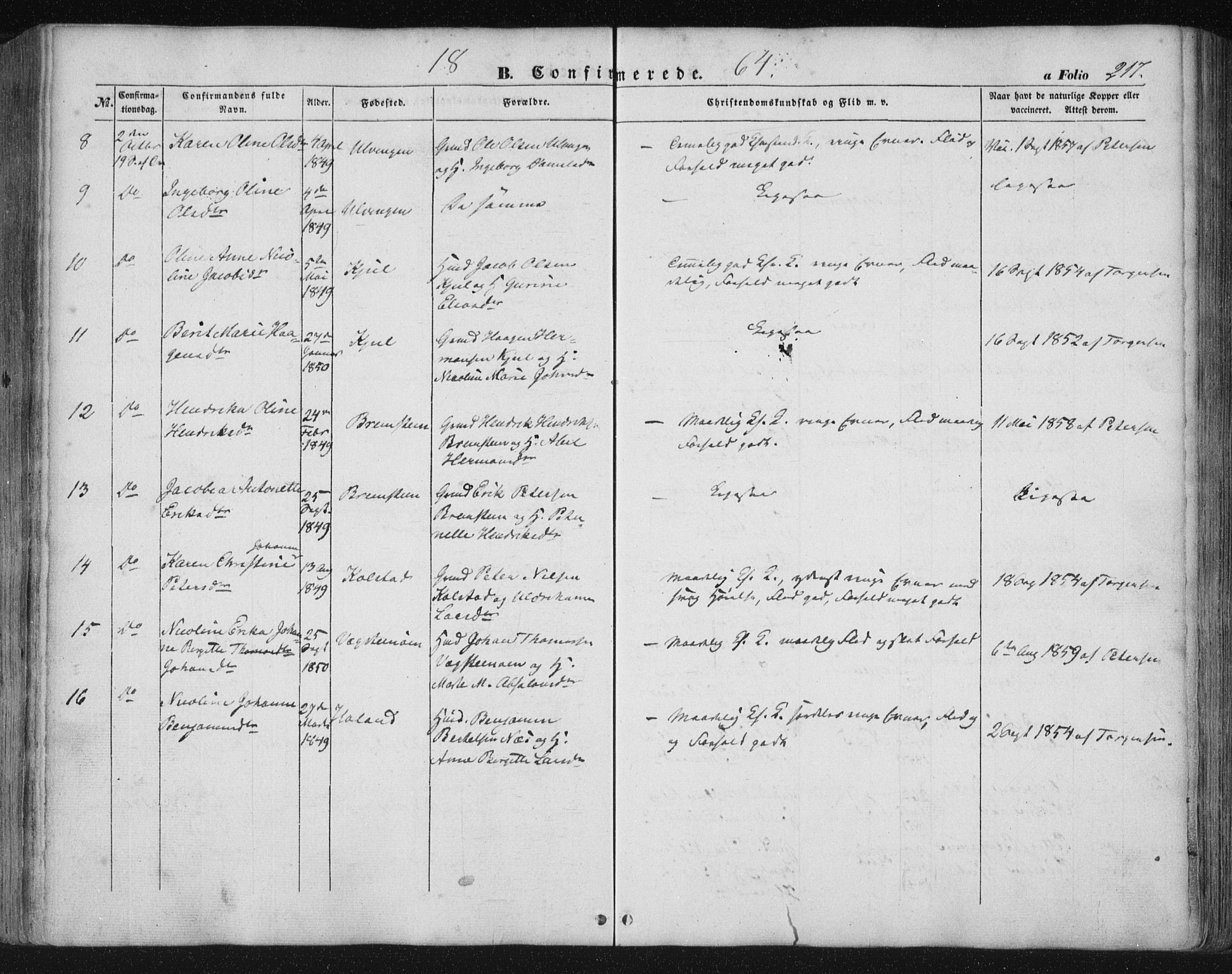 Ministerialprotokoller, klokkerbøker og fødselsregistre - Nordland, AV/SAT-A-1459/816/L0240: Parish register (official) no. 816A06, 1846-1870, p. 217