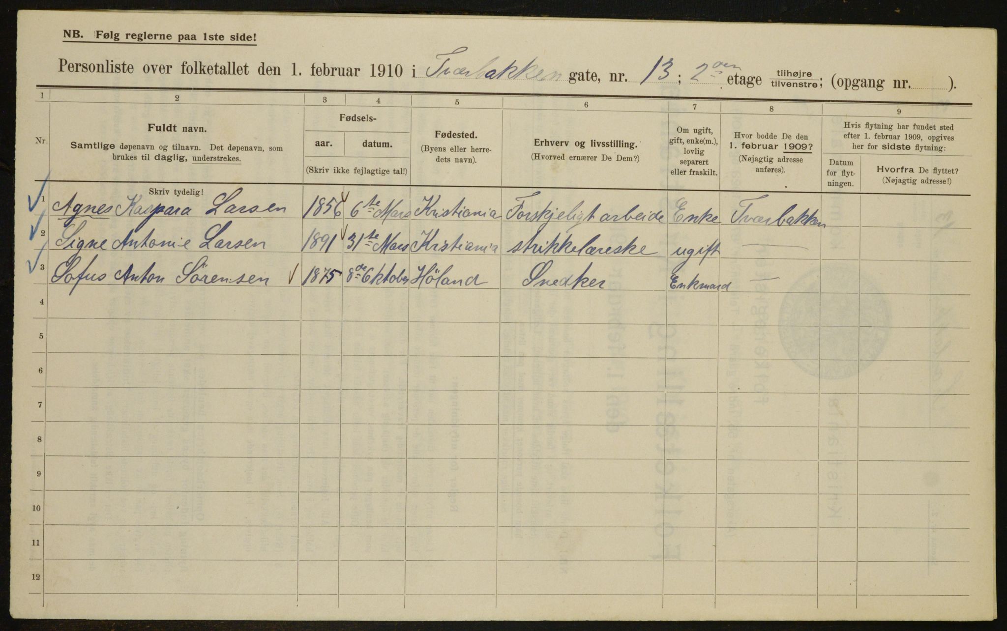 OBA, Municipal Census 1910 for Kristiania, 1910, p. 111501