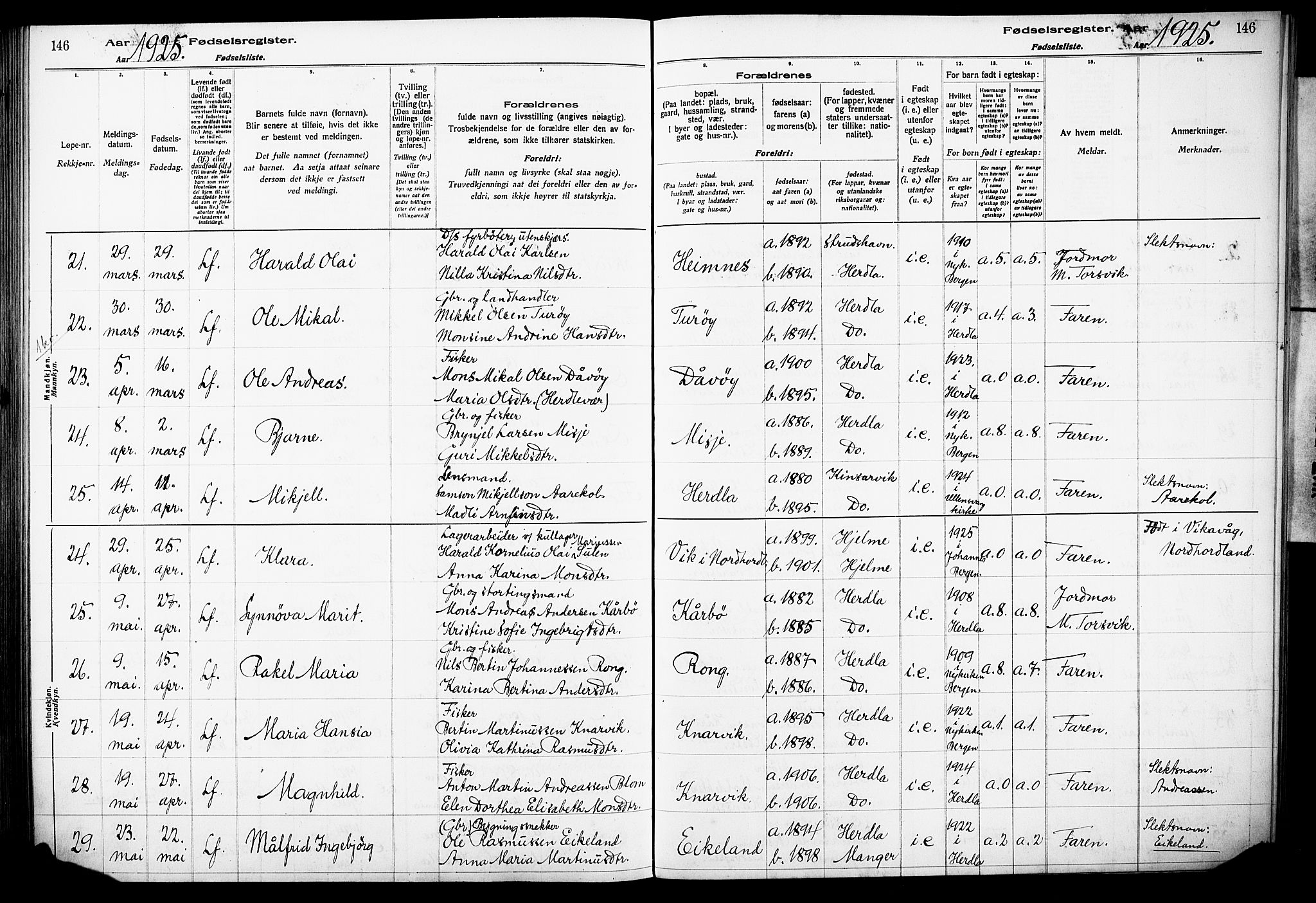 Herdla Sokneprestembete, AV/SAB-A-75701/I/Id/L00A1: Birth register no. A 1, 1916-1929, p. 146