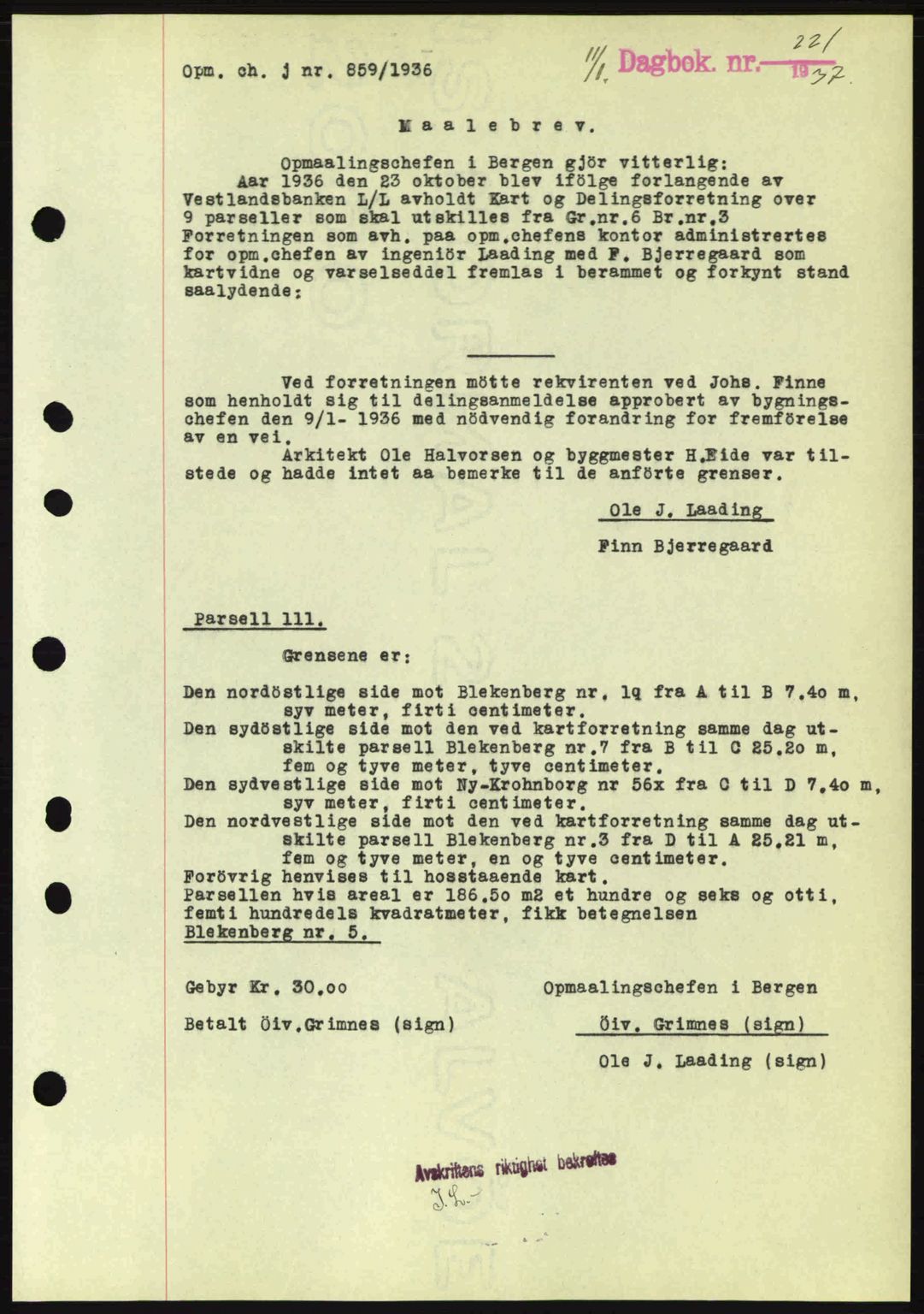 Byfogd og Byskriver i Bergen, SAB/A-3401/03/03Bc/L0004: Mortgage book no. A3-4, 1936-1937, Diary no: : 221/1937