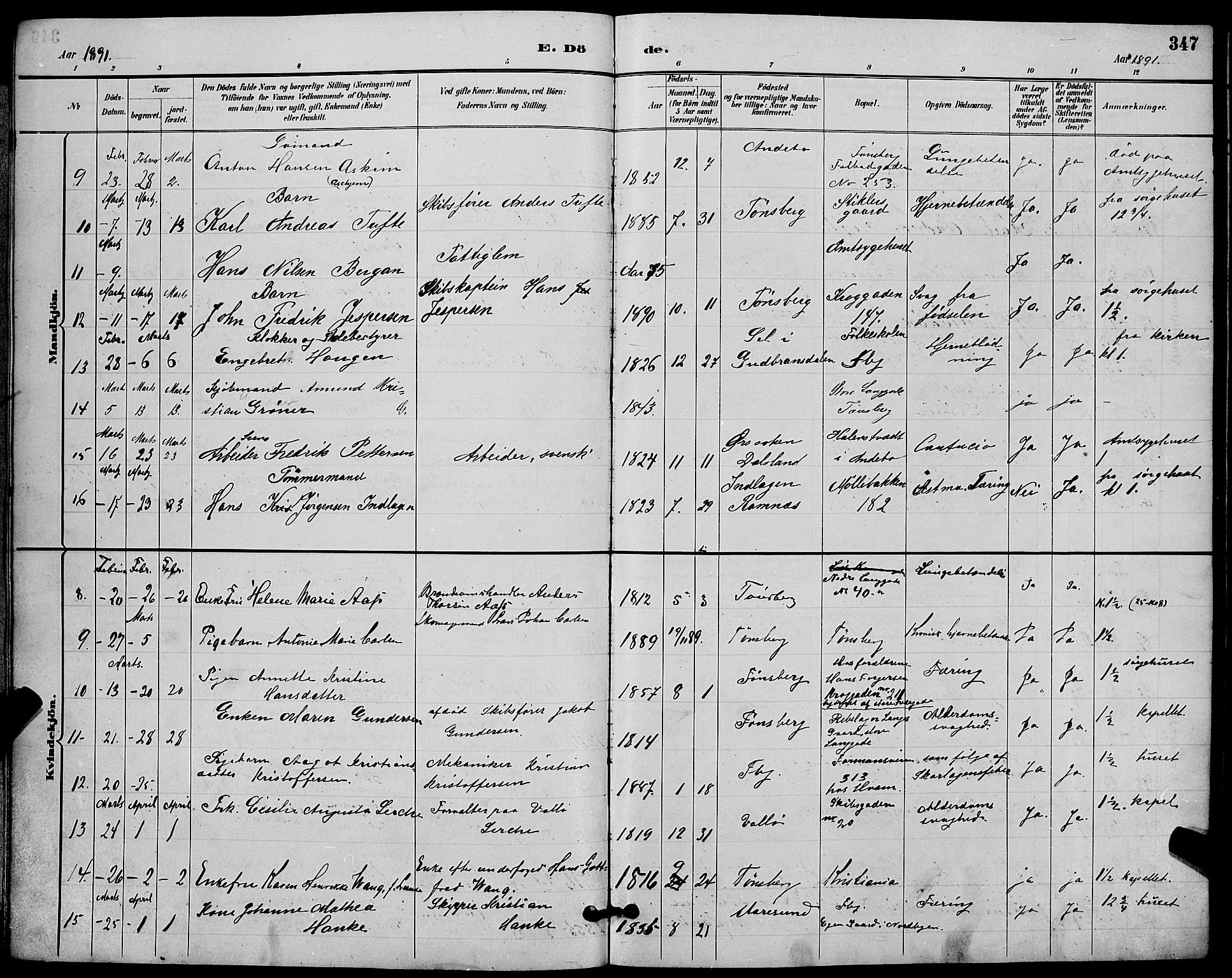 Tønsberg kirkebøker, AV/SAKO-A-330/G/Ga/L0006: Parish register (copy) no. 6, 1885-1895, p. 347