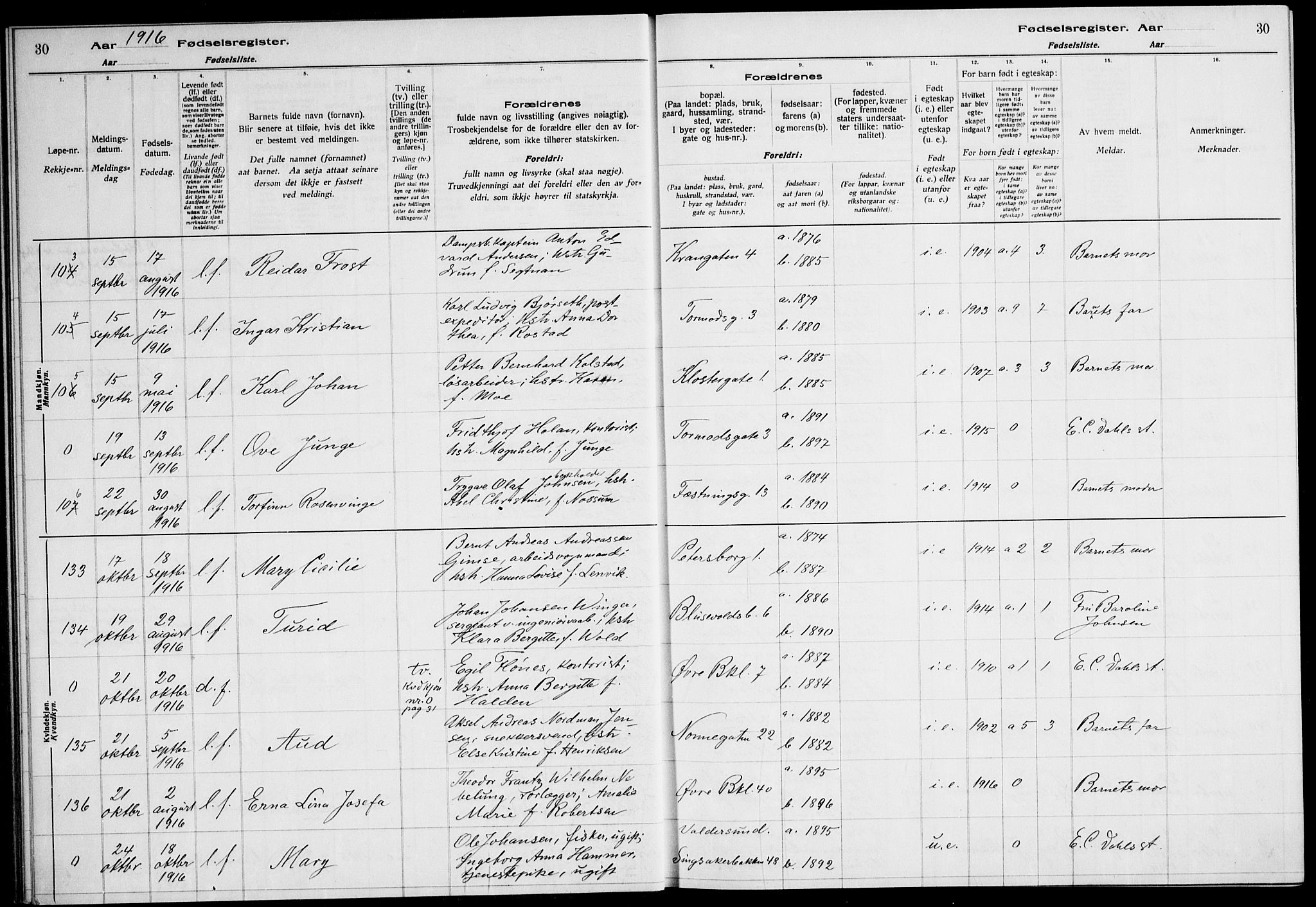 Ministerialprotokoller, klokkerbøker og fødselsregistre - Sør-Trøndelag, SAT/A-1456/604/L0232: Birth register no. 604.II.4.1, 1916-1920, p. 30