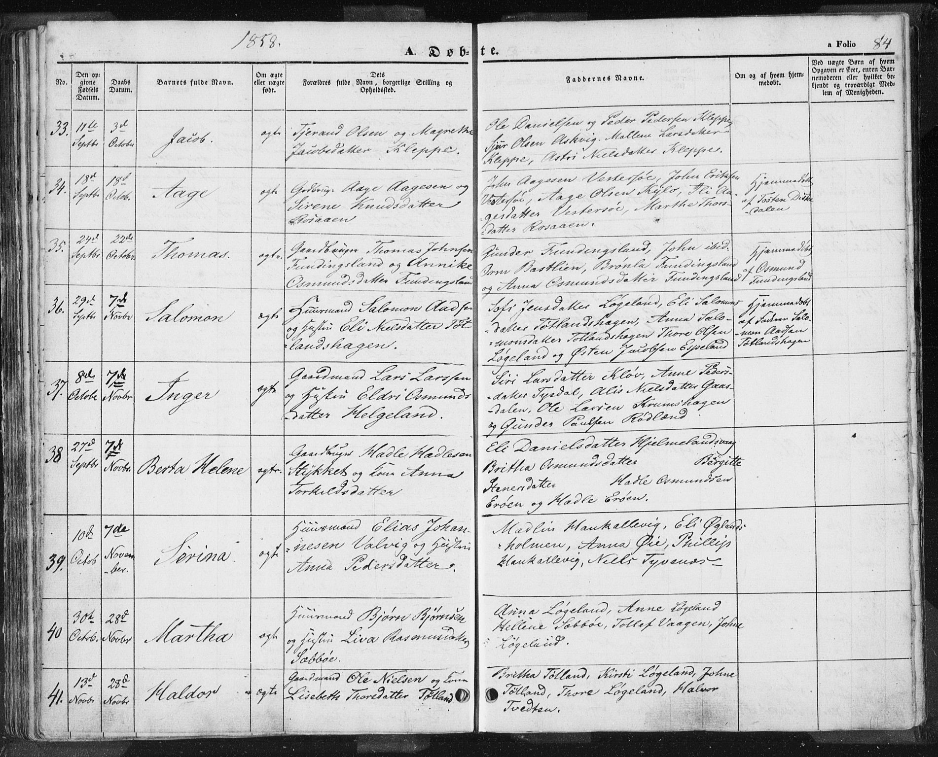 Hjelmeland sokneprestkontor, AV/SAST-A-101843/01/IV/L0009: Parish register (official) no. A 9, 1846-1860, p. 84