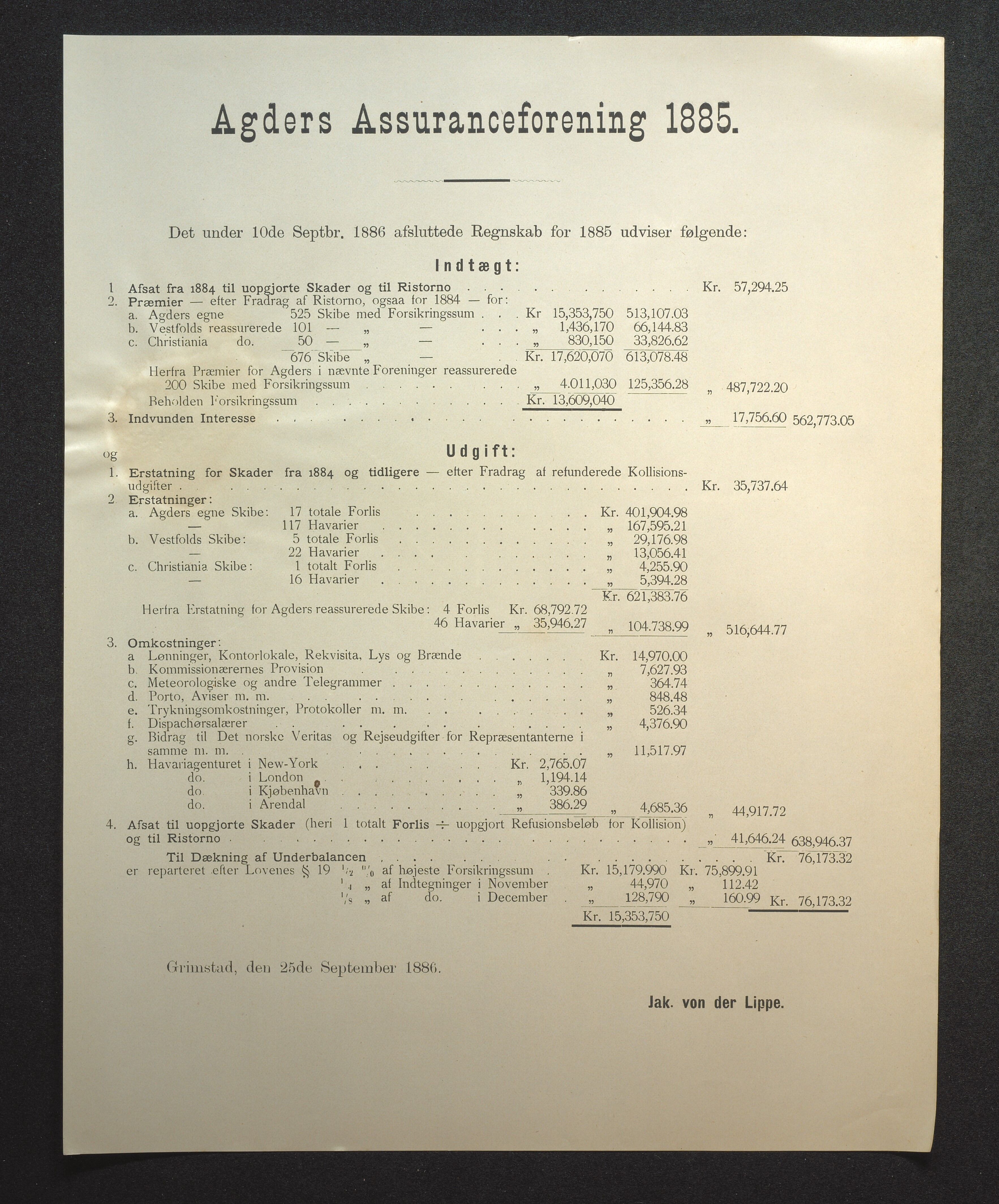 Agders Gjensidige Assuranceforening, AAKS/PA-1718/05/L0002: Regnskap, seilavdeling, pakkesak, 1881-1889