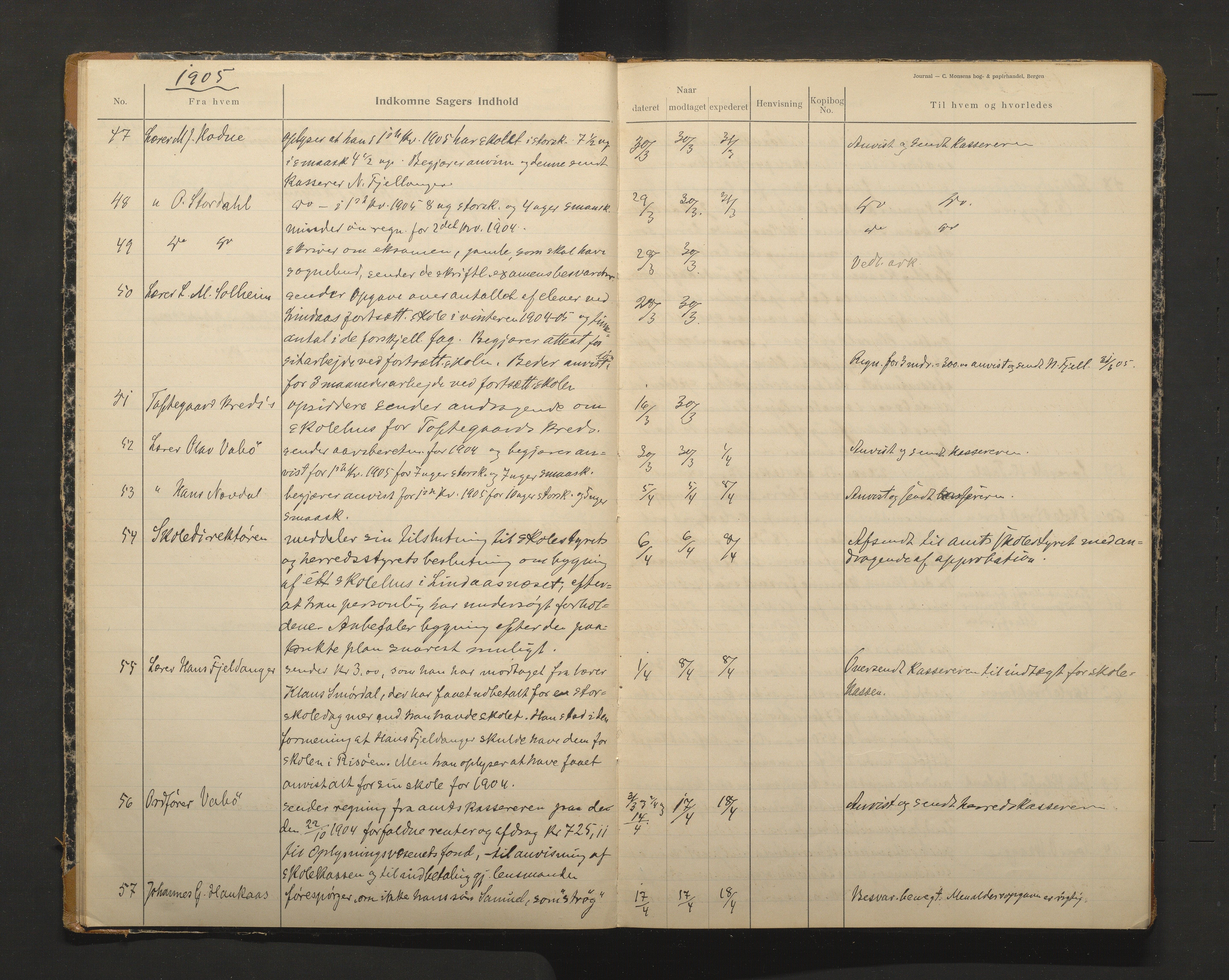 Lindås kommune. Skulestyret, IKAH/1263-211/C/Ca/L0002: Postjournal for Lindås skulestyre, 1905-1908