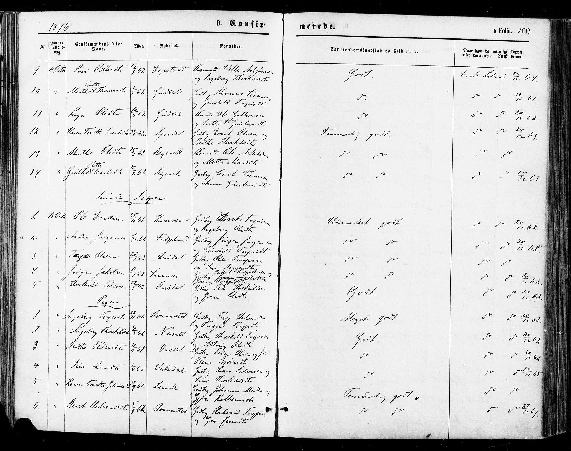 Sirdal sokneprestkontor, SAK/1111-0036/F/Fa/Fab/L0003: Parish register (official) no. A 3, 1874-1886, p. 155