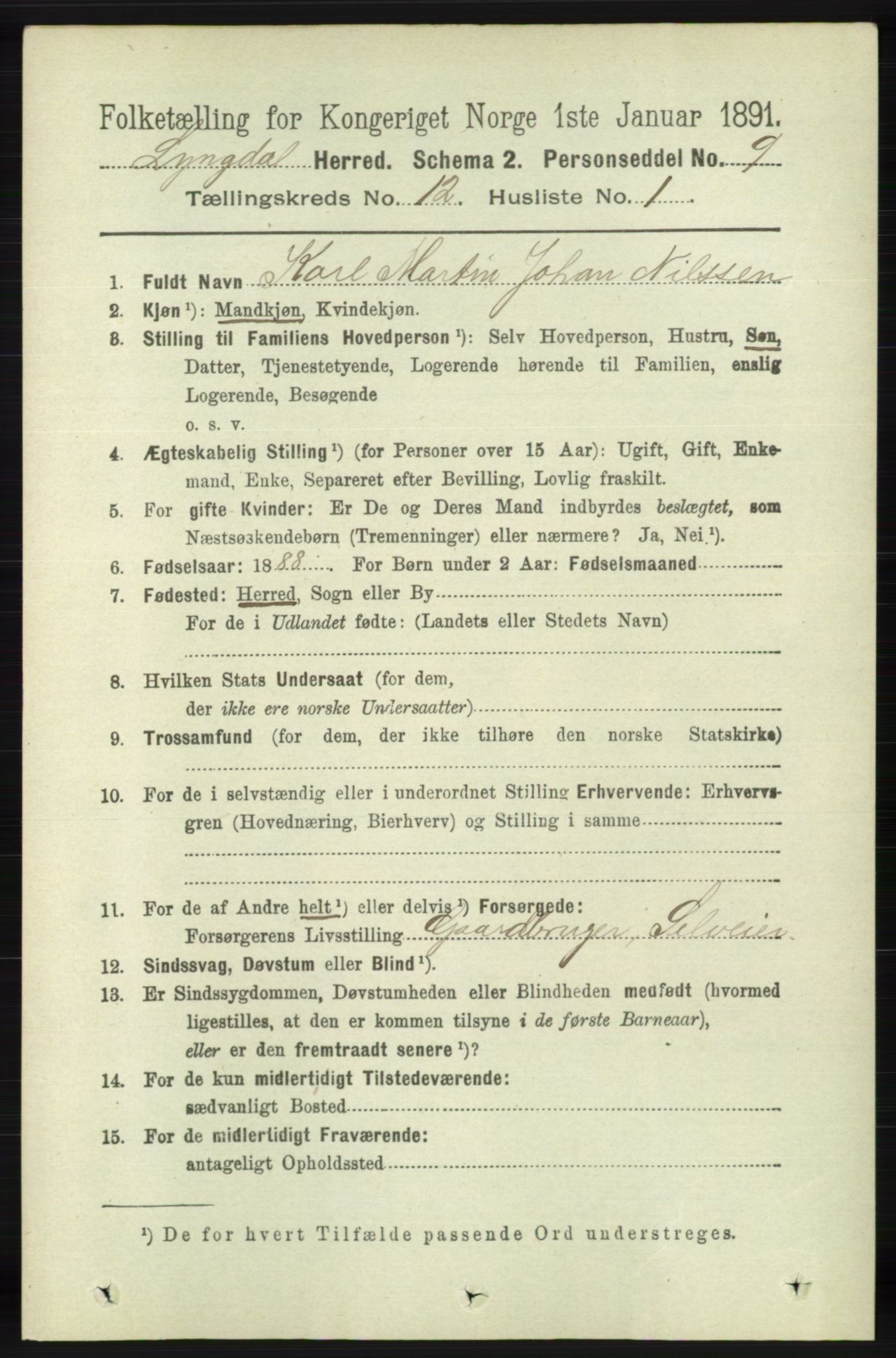 RA, 1891 census for 1032 Lyngdal, 1891, p. 5265