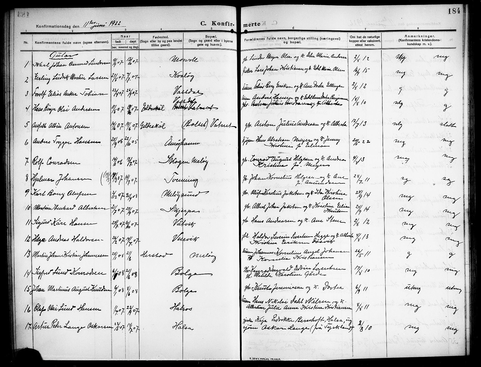 Ministerialprotokoller, klokkerbøker og fødselsregistre - Nordland, AV/SAT-A-1459/843/L0639: Parish register (copy) no. 843C08, 1908-1924, p. 184