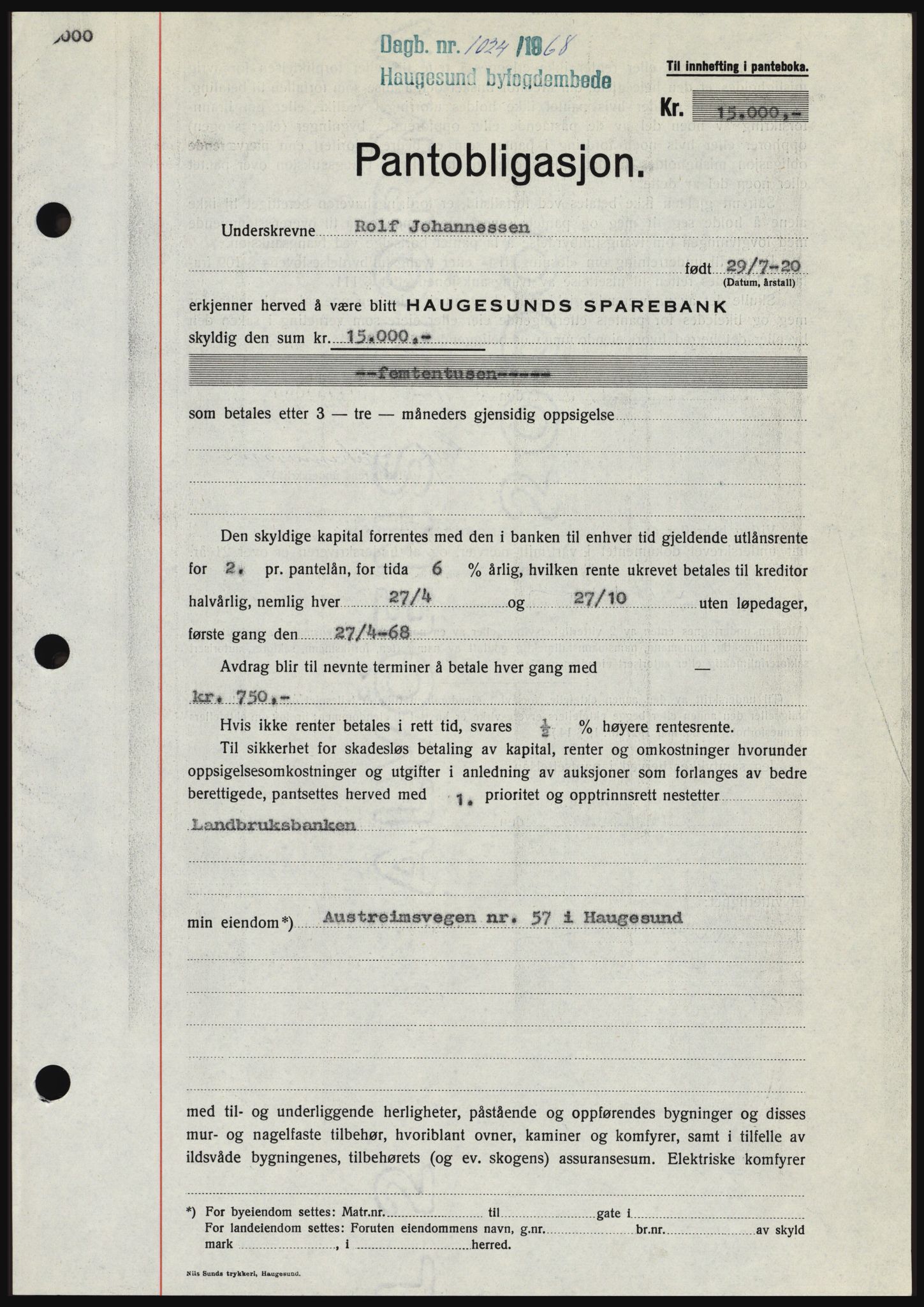 Haugesund tingrett, SAST/A-101415/01/II/IIC/L0058: Mortgage book no. B 58, 1967-1968, Diary no: : 1024/1968