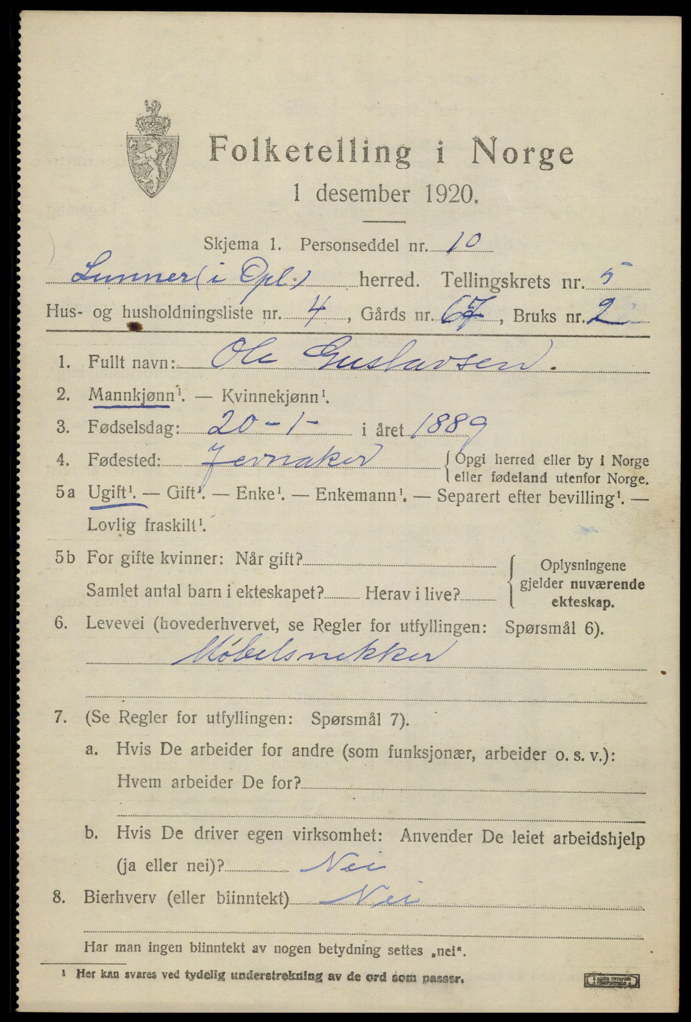 SAH, 1920 census for Lunner, 1920, p. 6987