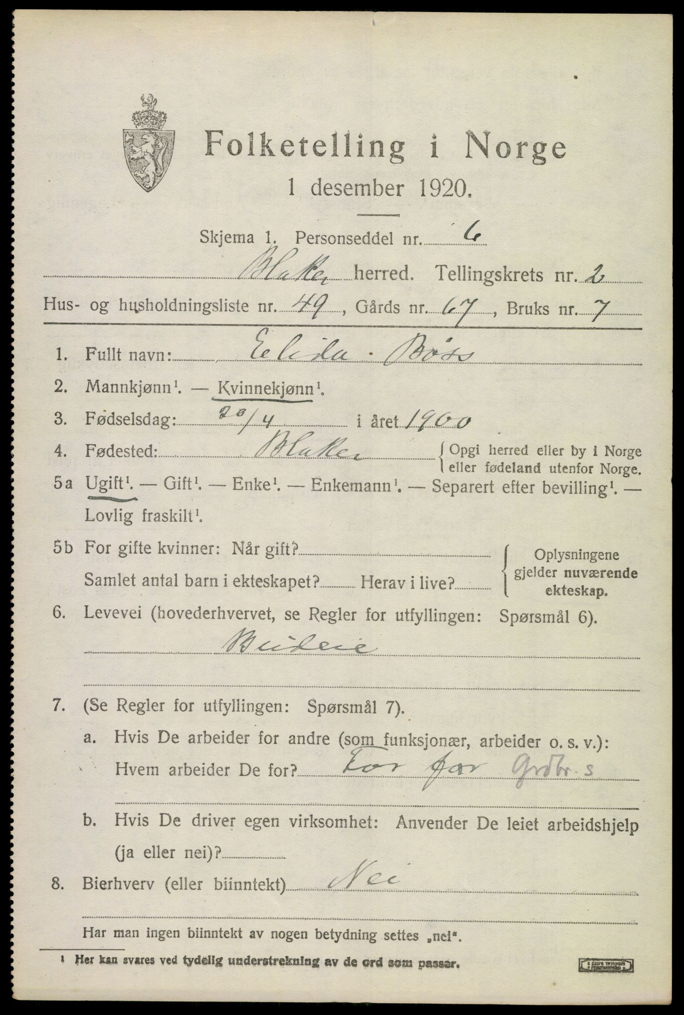 SAO, 1920 census for Blaker, 1920, p. 2001