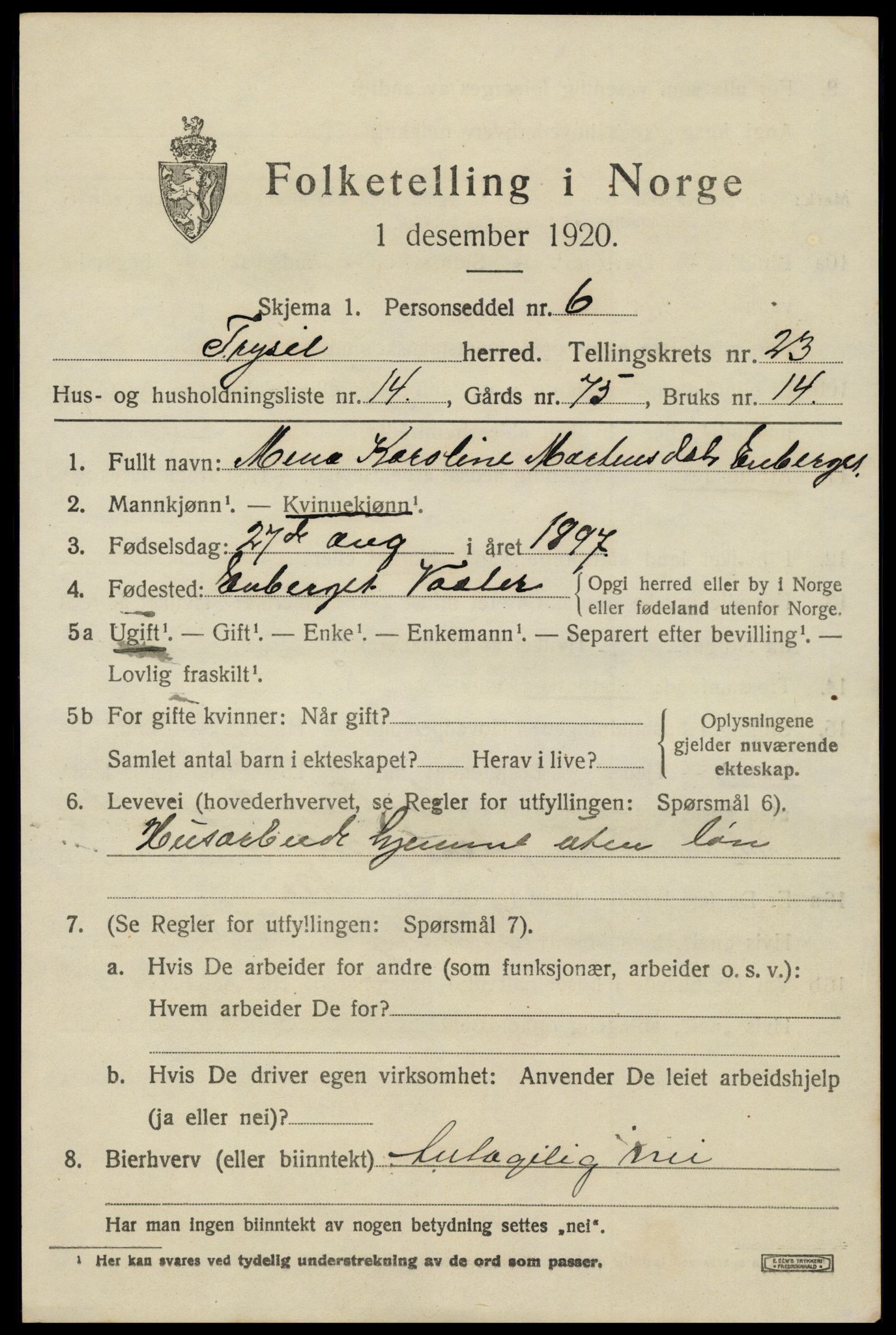 SAH, 1920 census for Trysil, 1920, p. 15003
