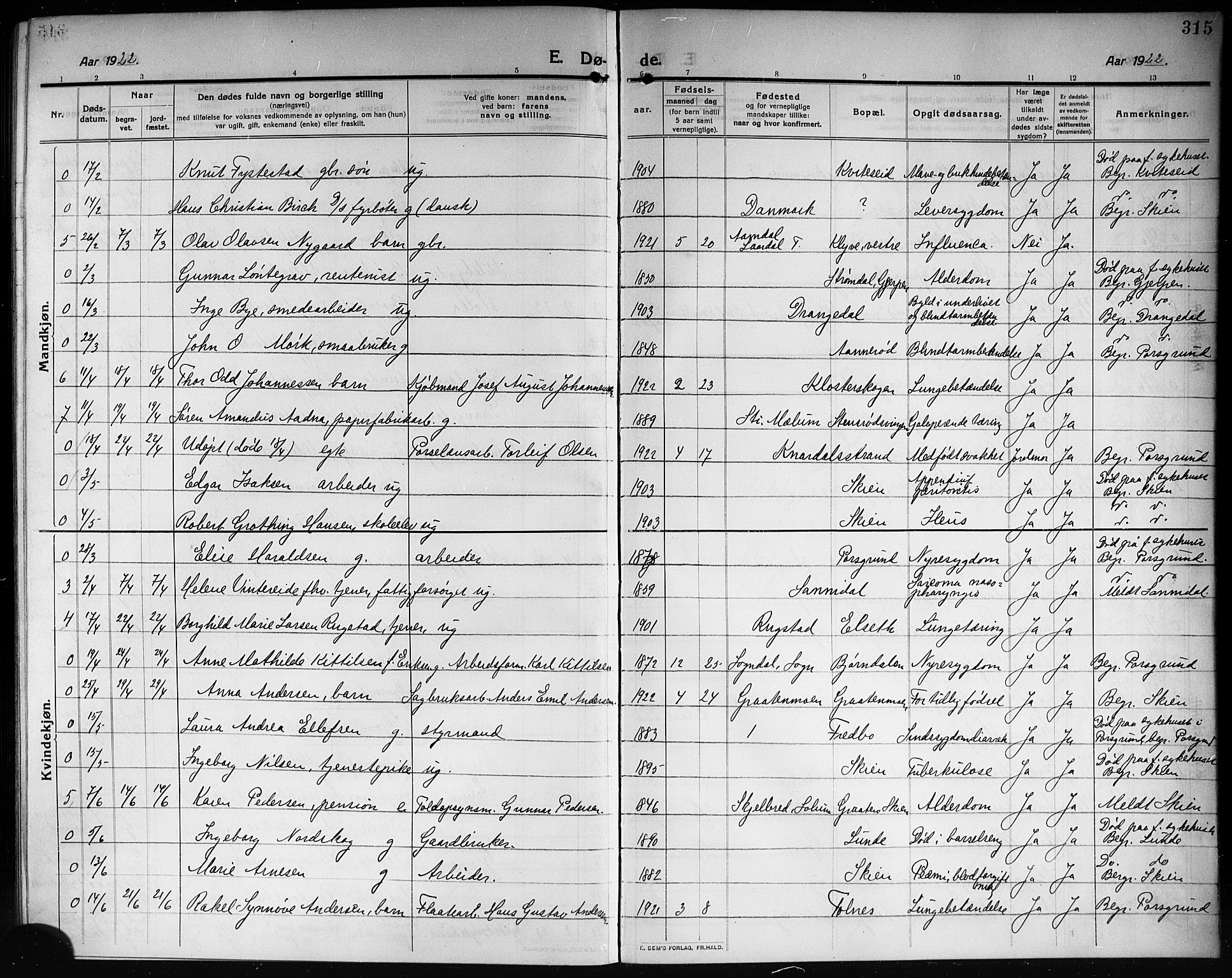 Solum kirkebøker, SAKO/A-306/G/Ga/L0009: Parish register (copy) no. I 9, 1909-1922, p. 315