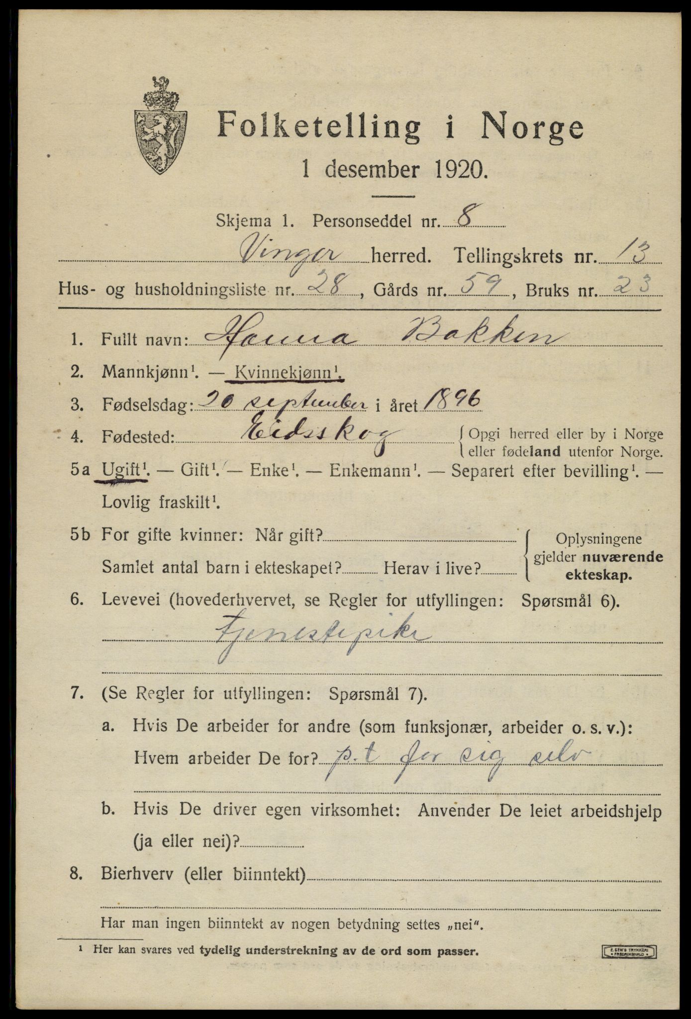 SAH, 1920 census for Vinger, 1920, p. 11370