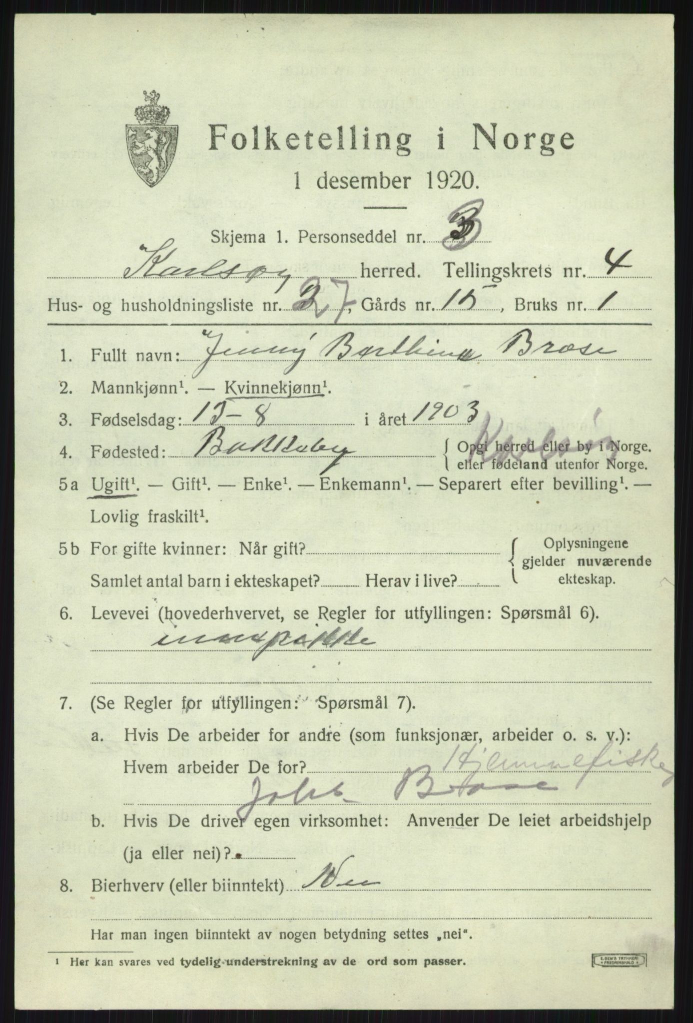 SATØ, 1920 census for Karlsøy, 1920, p. 2043