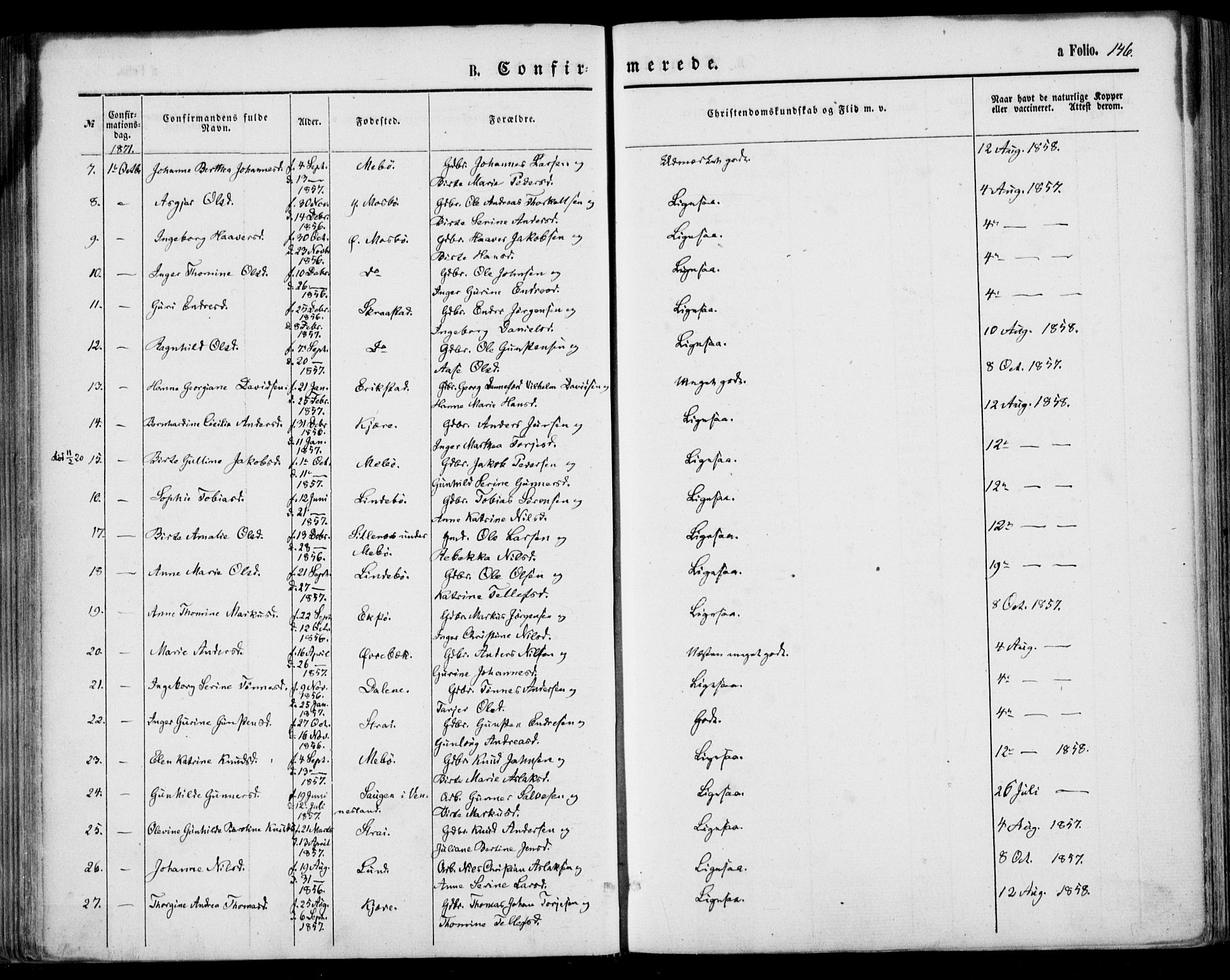 Oddernes sokneprestkontor, AV/SAK-1111-0033/F/Fa/Faa/L0008: Parish register (official) no. A 8, 1864-1880, p. 146