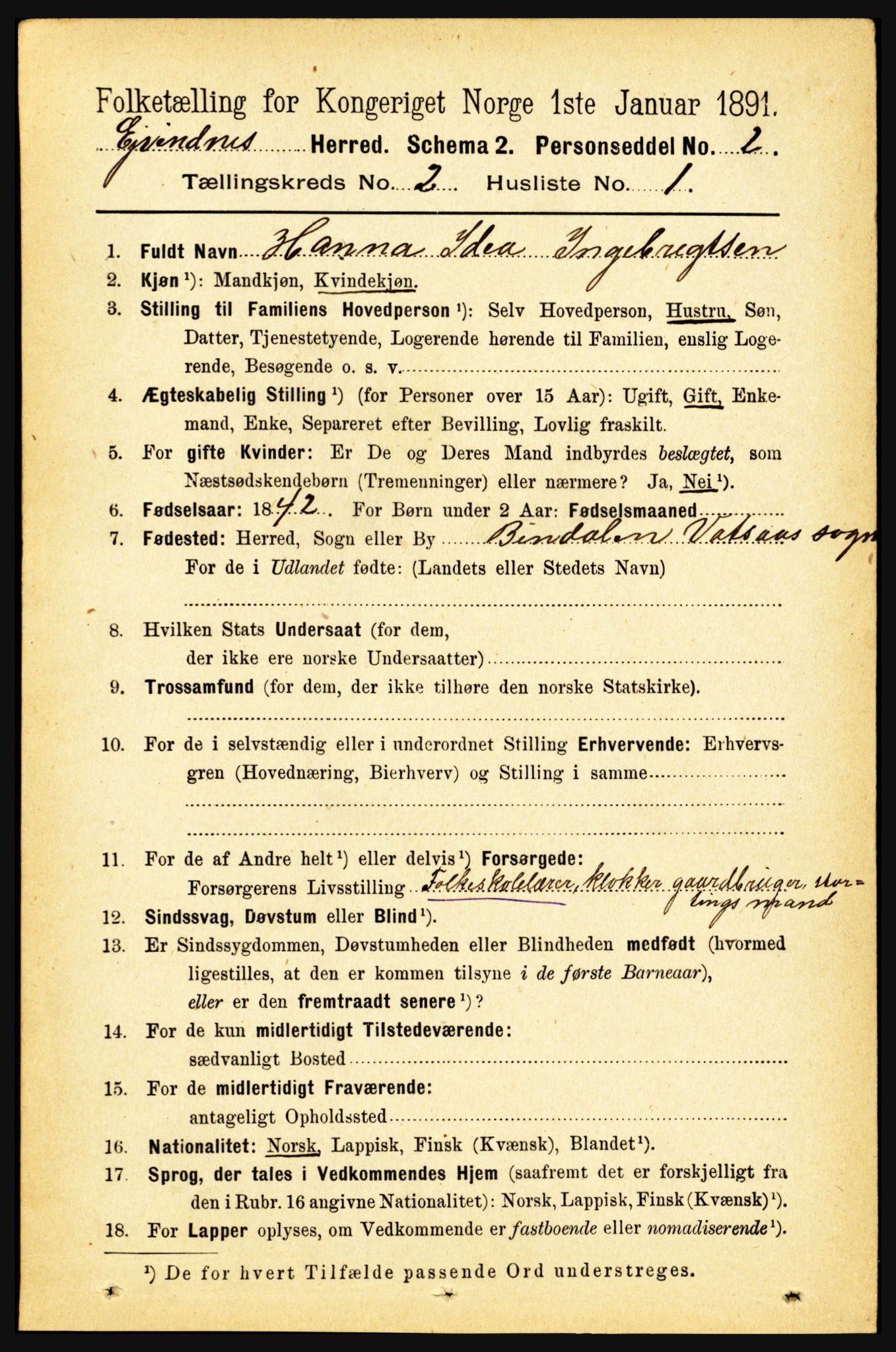 RA, 1891 census for 1853 Evenes, 1891, p. 425