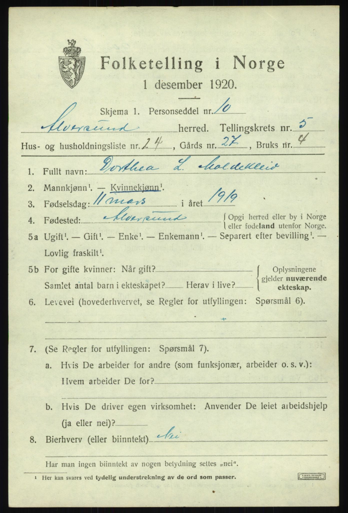 SAB, 1920 census for Alversund, 1920, p. 4312