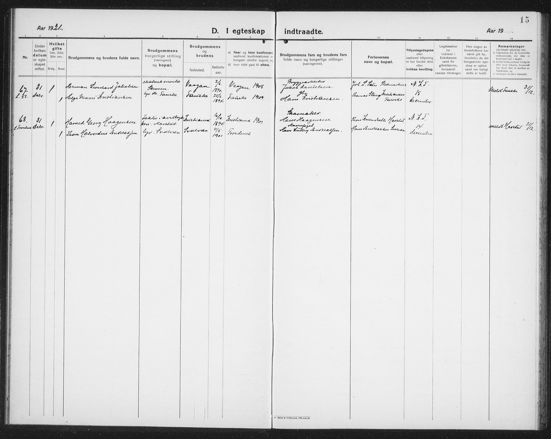 Ministerialprotokoller, klokkerbøker og fødselsregistre - Nordland, AV/SAT-A-1459/874/L1082: Parish register (copy) no. 874C11, 1920-1939, p. 15