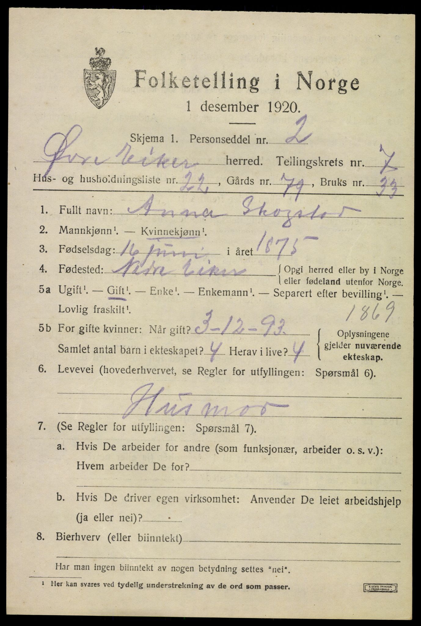 SAKO, 1920 census for Øvre Eiker, 1920, p. 13520