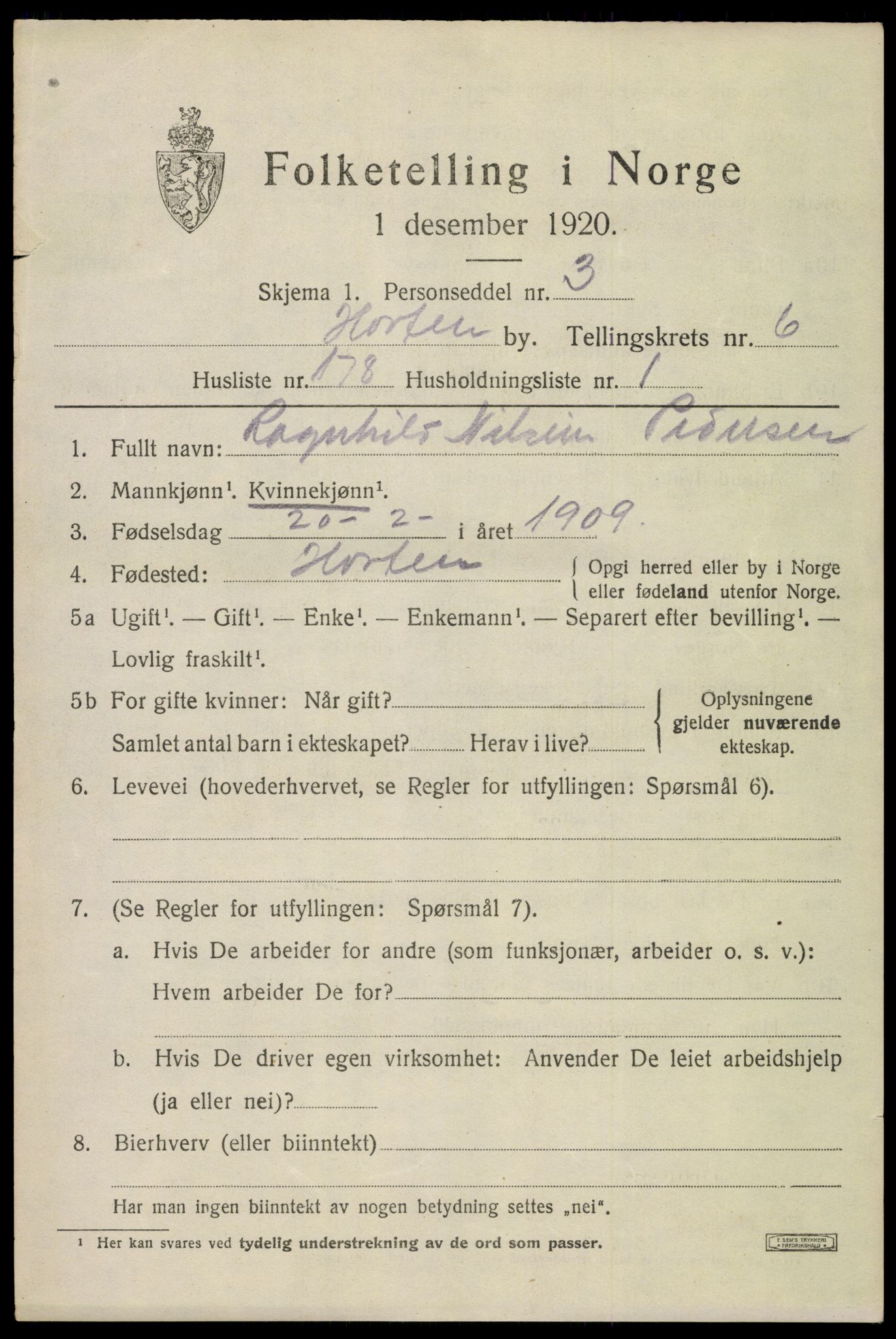 SAKO, 1920 census for Horten, 1920, p. 25421