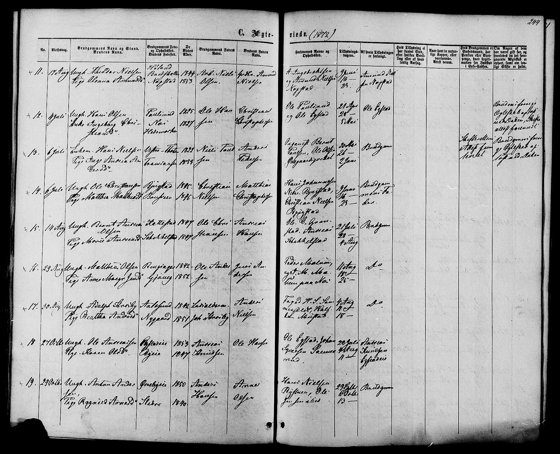 Vardal prestekontor, SAH/PREST-100/H/Ha/Haa/L0007: Parish register (official) no. 7, 1867-1878, p. 244