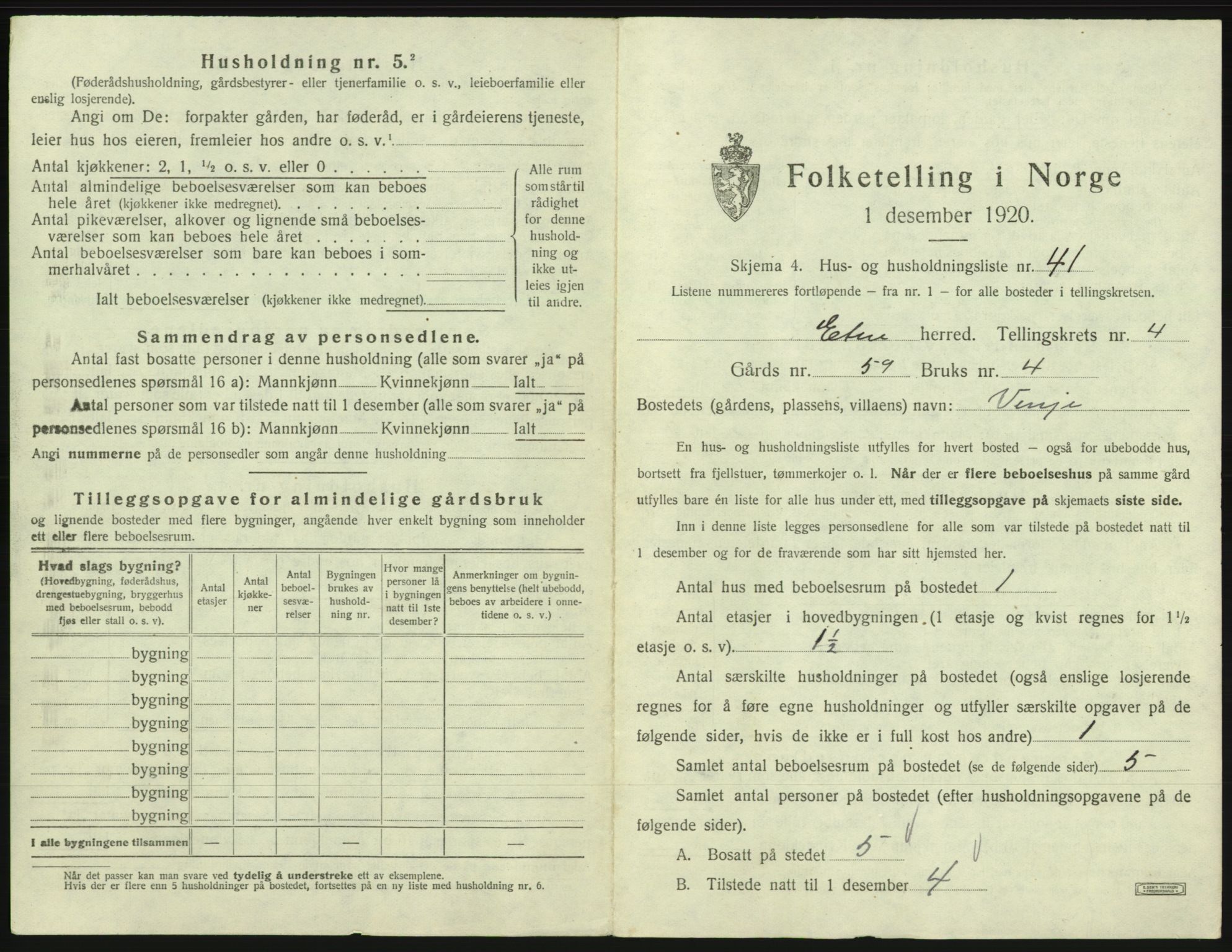 SAB, 1920 census for Etne, 1920, p. 346