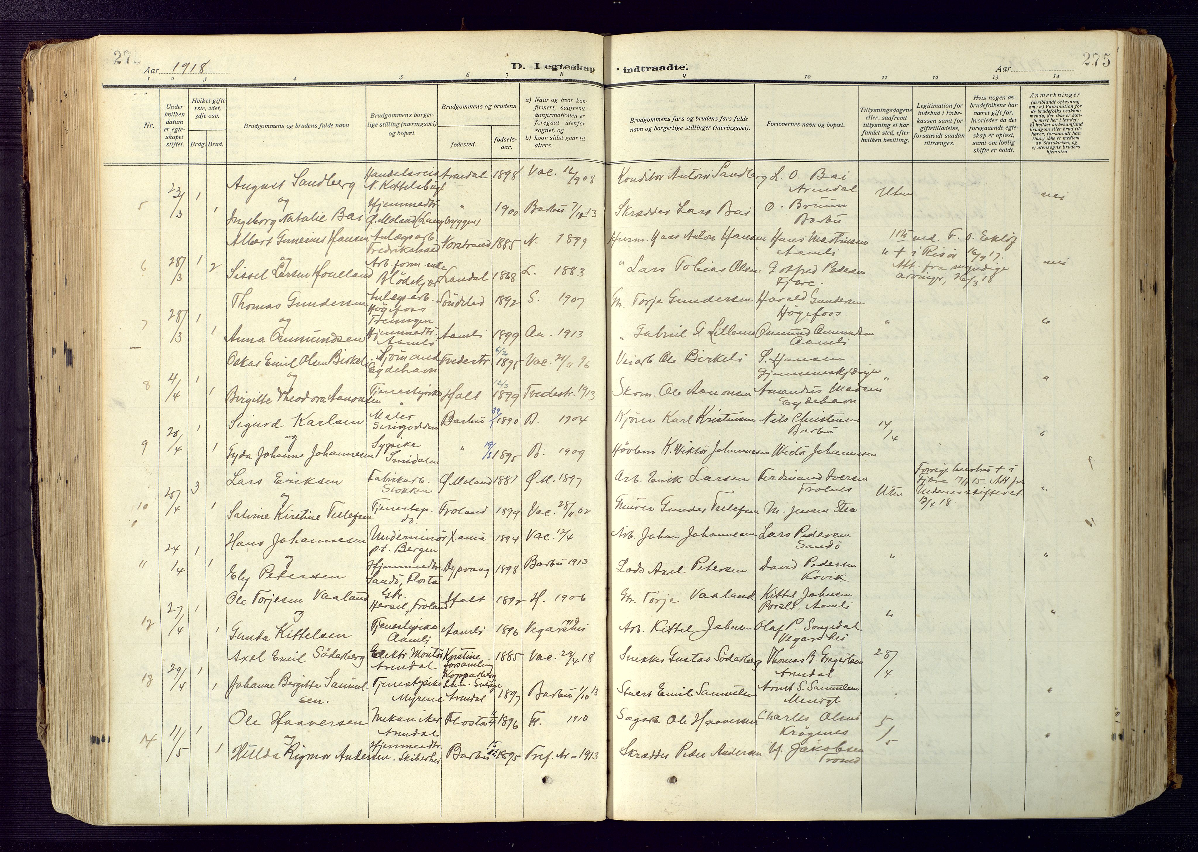 Barbu sokneprestkontor, AV/SAK-1111-0003/F/Fa/L0006: Parish register (official) no. A 6, 1910-1929, p. 275