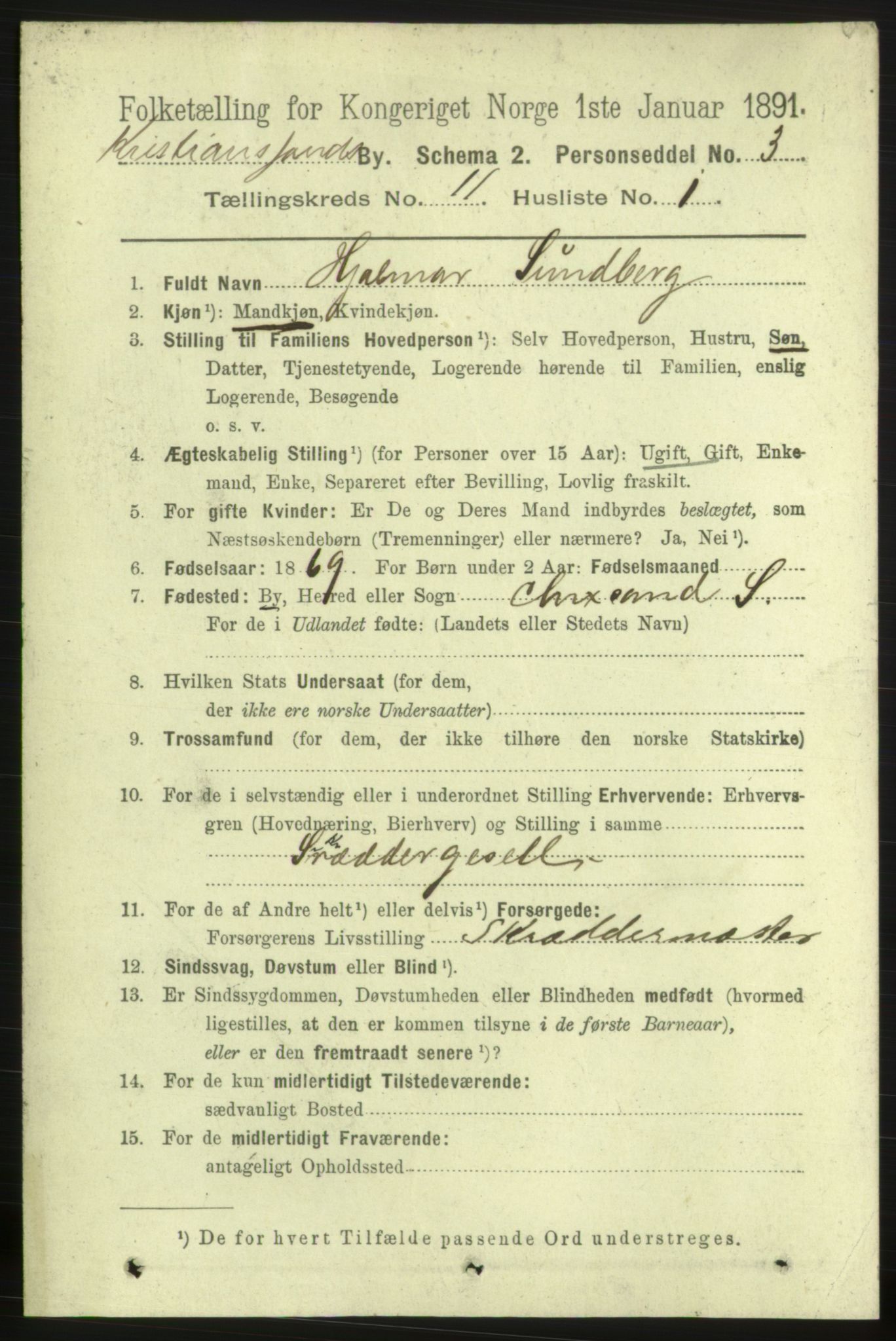 RA, 1891 census for 1001 Kristiansand, 1891, p. 5586