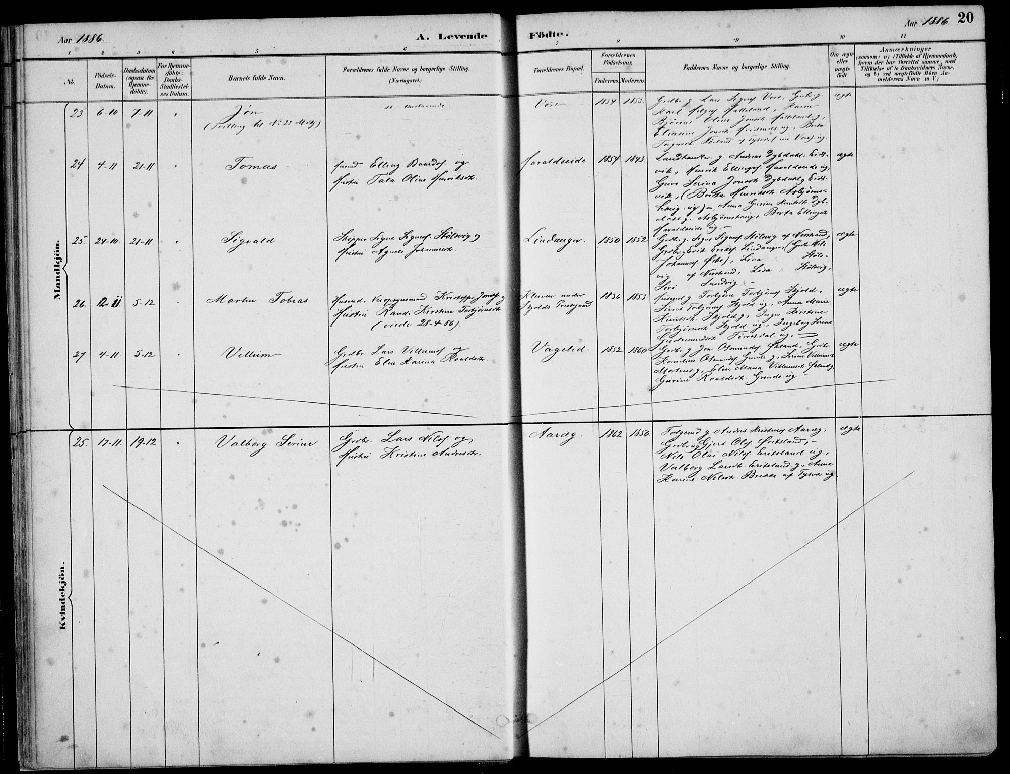 Skjold sokneprestkontor, SAST/A-101847/H/Ha/Haa/L0010: Parish register (official) no. A 10, 1882-1897, p. 20