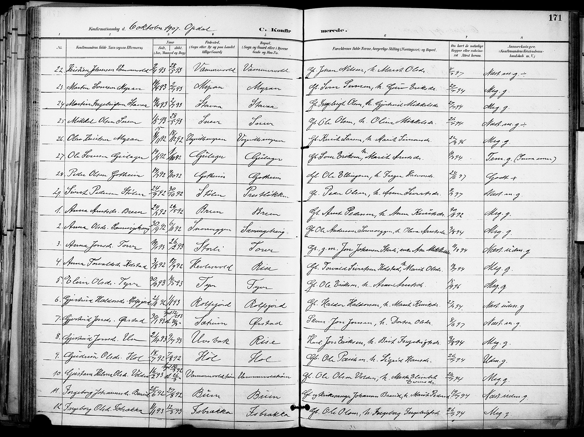 Ministerialprotokoller, klokkerbøker og fødselsregistre - Sør-Trøndelag, AV/SAT-A-1456/678/L0902: Parish register (official) no. 678A11, 1895-1911, p. 171