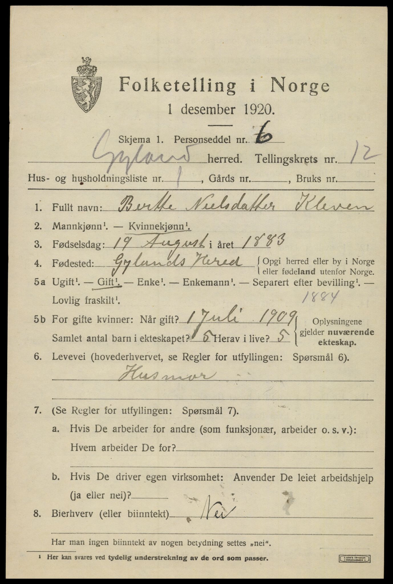 SAK, 1920 census for Gyland, 1920, p. 2432