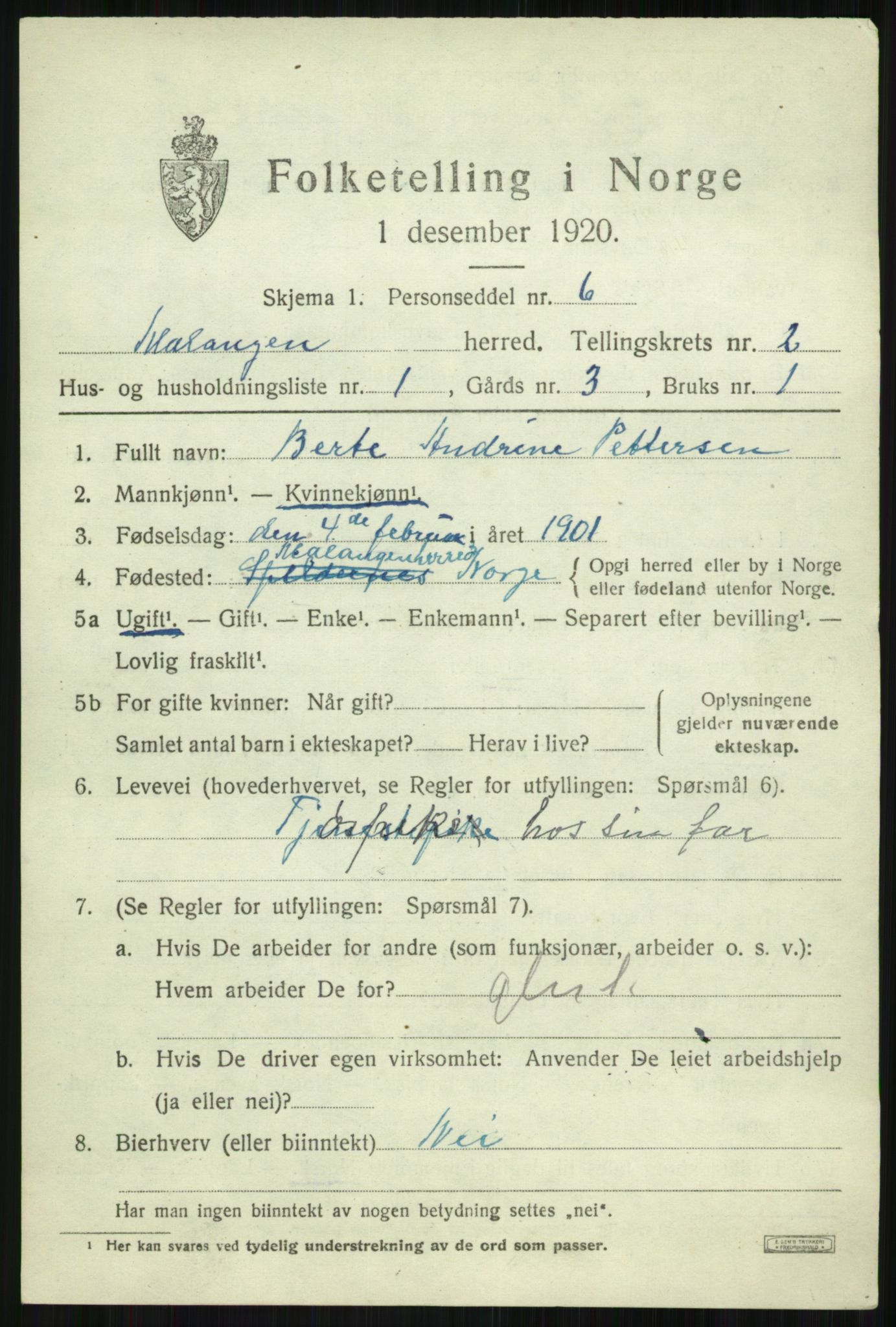 SATØ, 1920 census for Malangen, 1920, p. 823